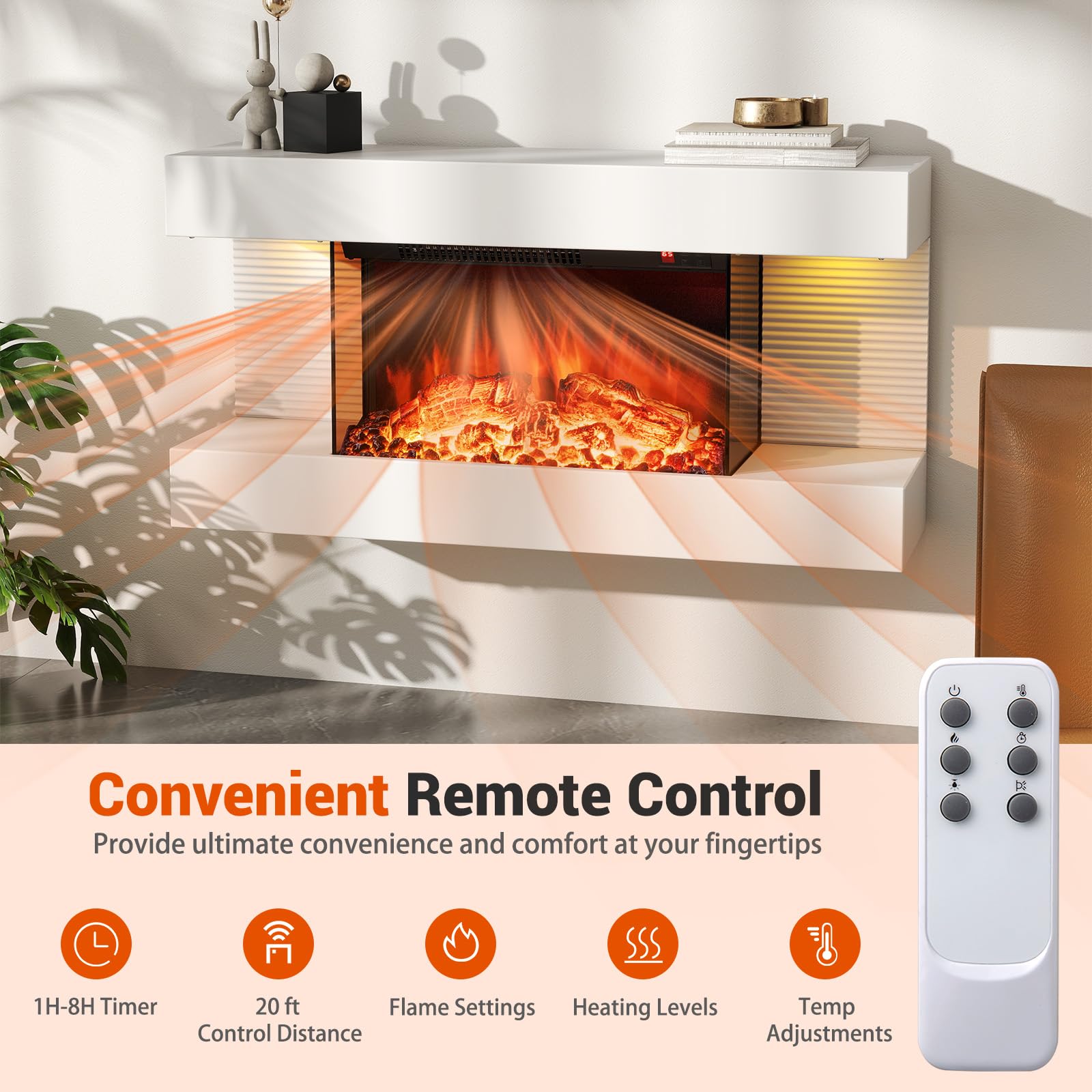 32" Wall Mounted Electric Fireplace with Remote Control