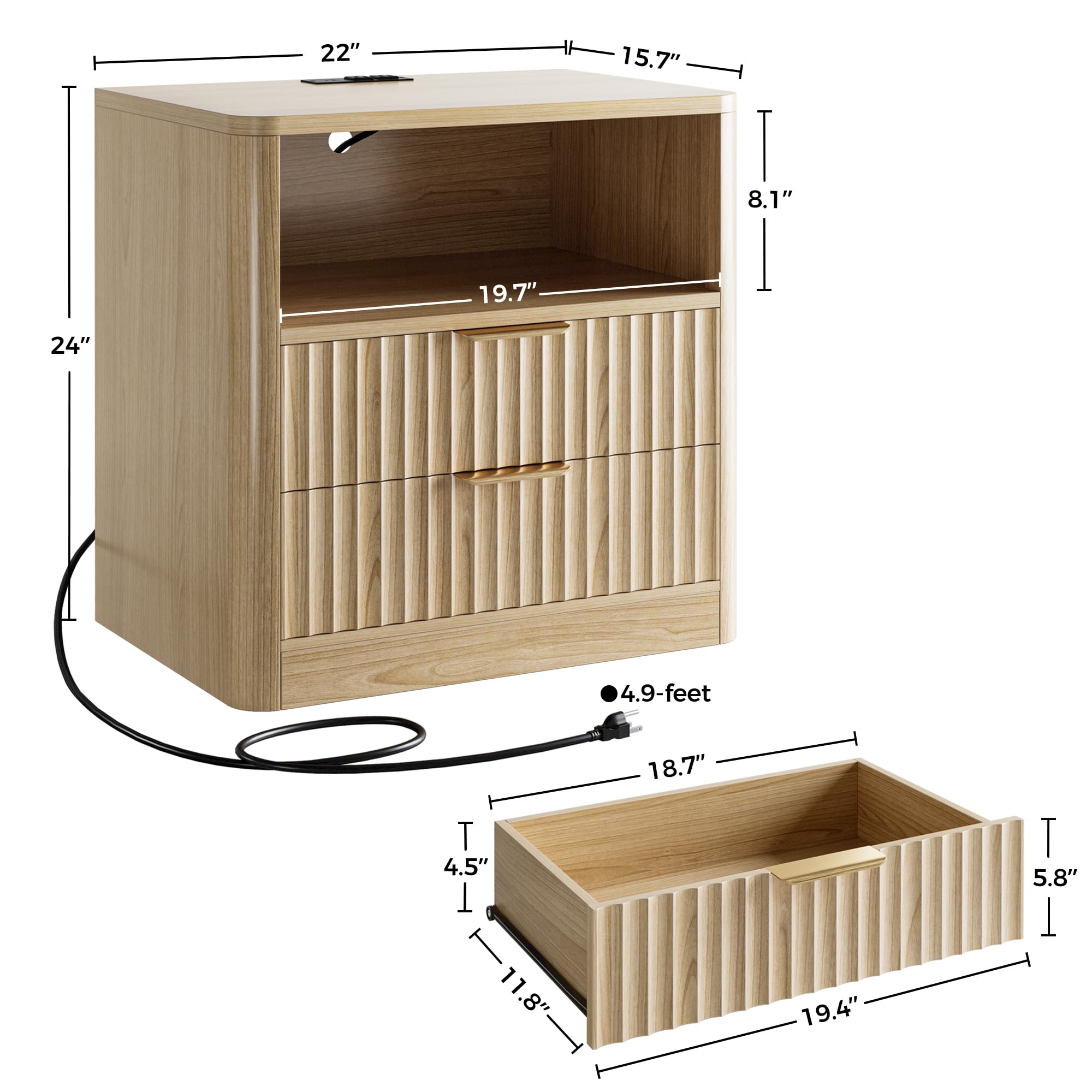 Fluted Nightstand Set with Charging Station