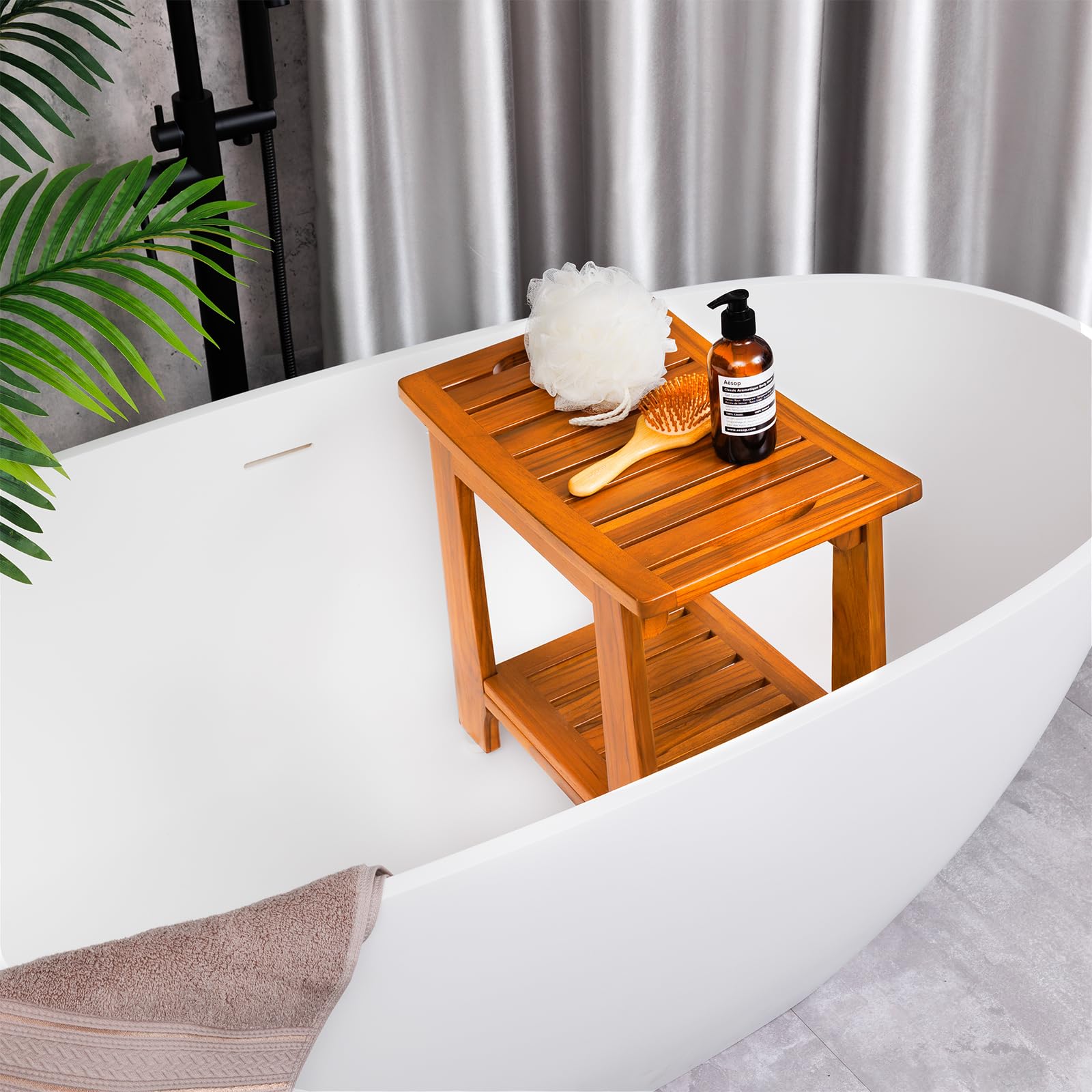 Compact Teak Shower Stool with Shelf and Handle