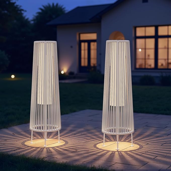 Outdoor Solar Floor Lamp 2-Pack - Wicker Waterproof Patio Light