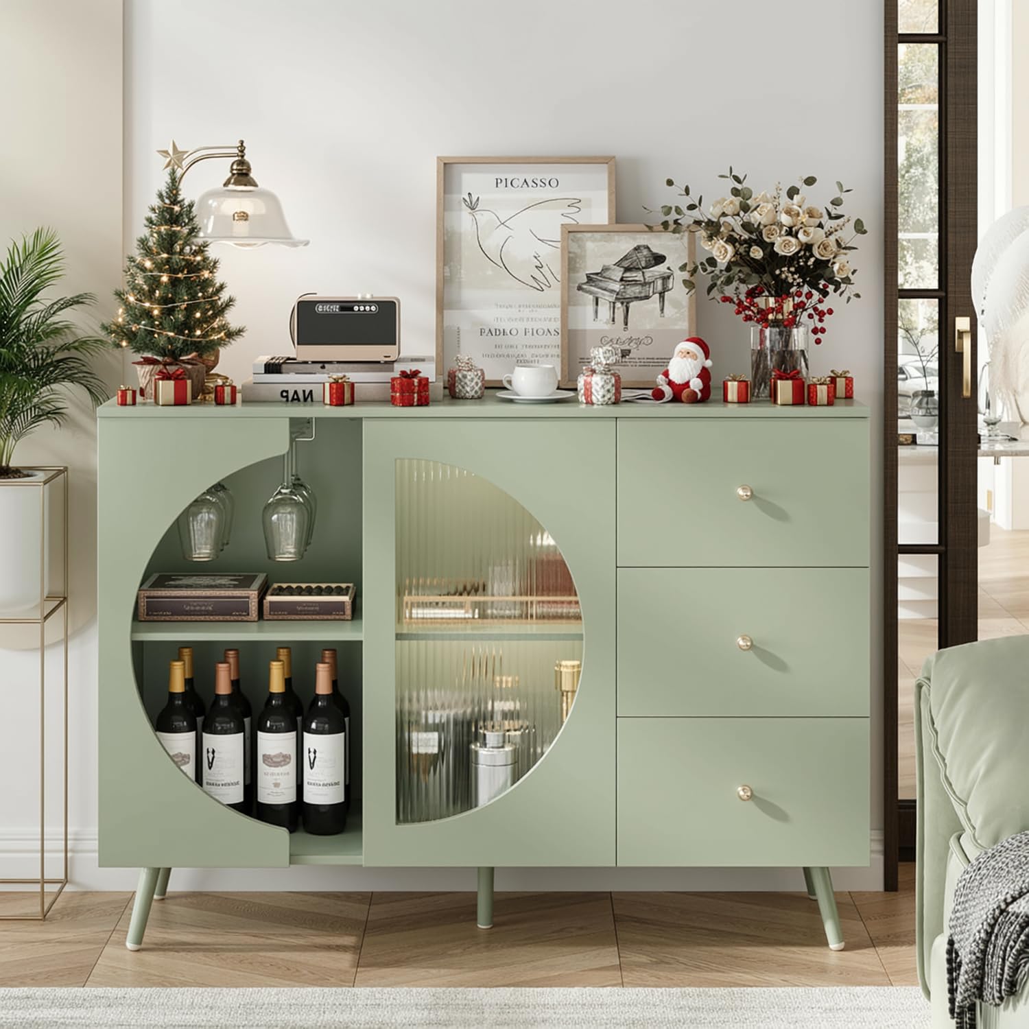 Coffee Bar Cabinet with Fluted Glass Door and Wine Rack