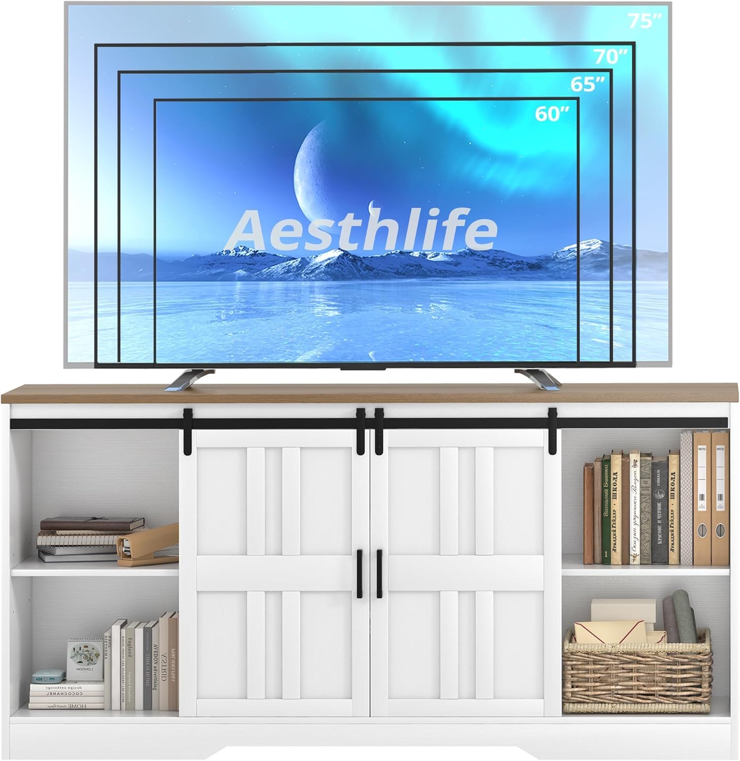 TV Stand for 65 Inch TV with Storage Cabinets and Sliding Barn Doors