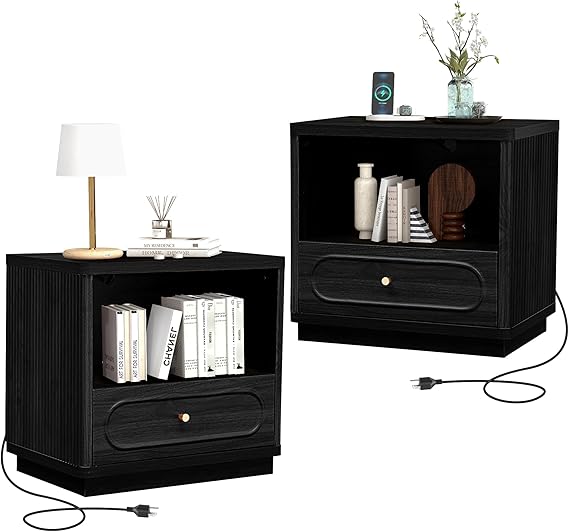Fluted Nightstand with Charging Station and Drawer Storage