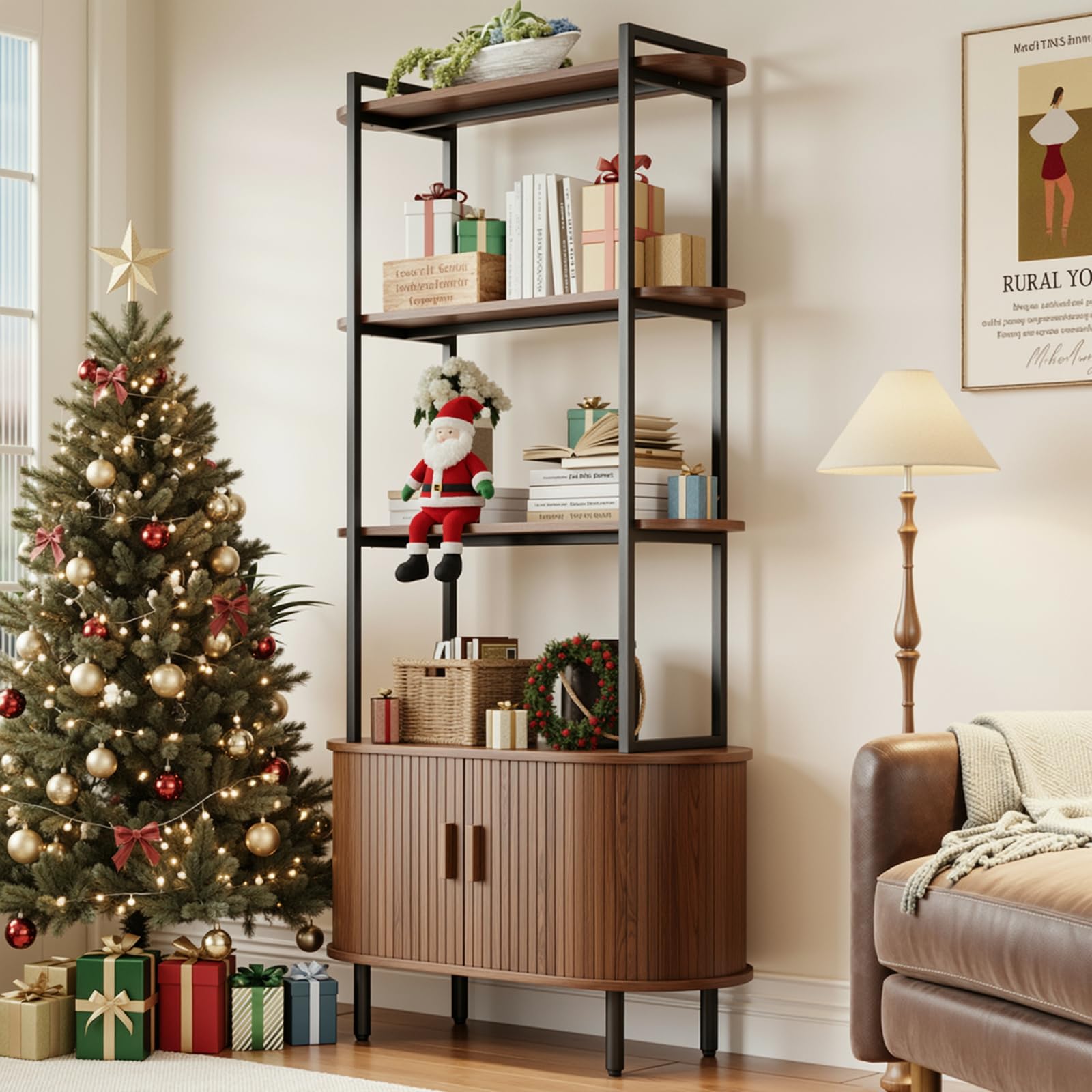 71" Tall Fluted Bookshelf with Sliding Tambour Doors