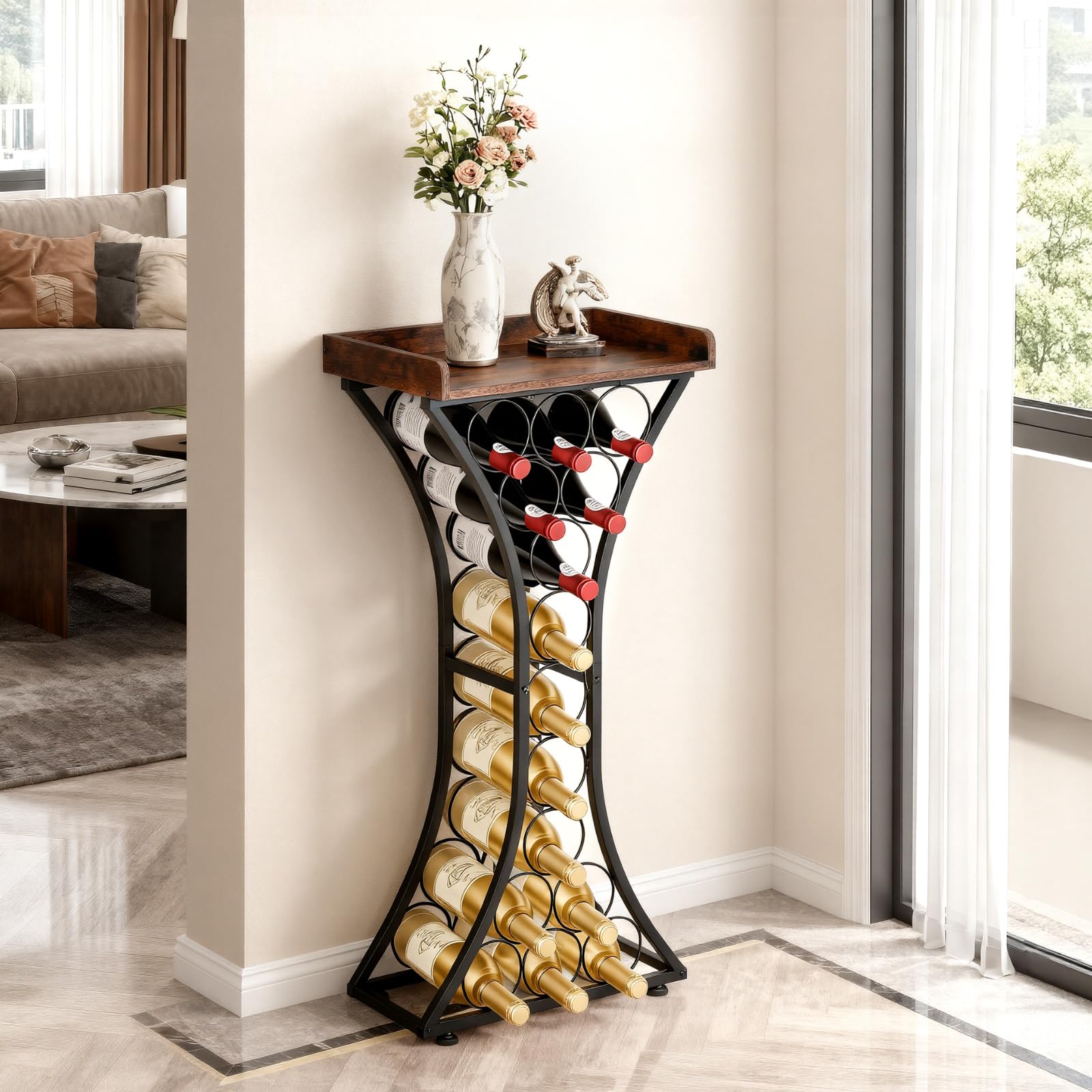 15 Bottle Freestanding Wine Rack with Wood Tabletop