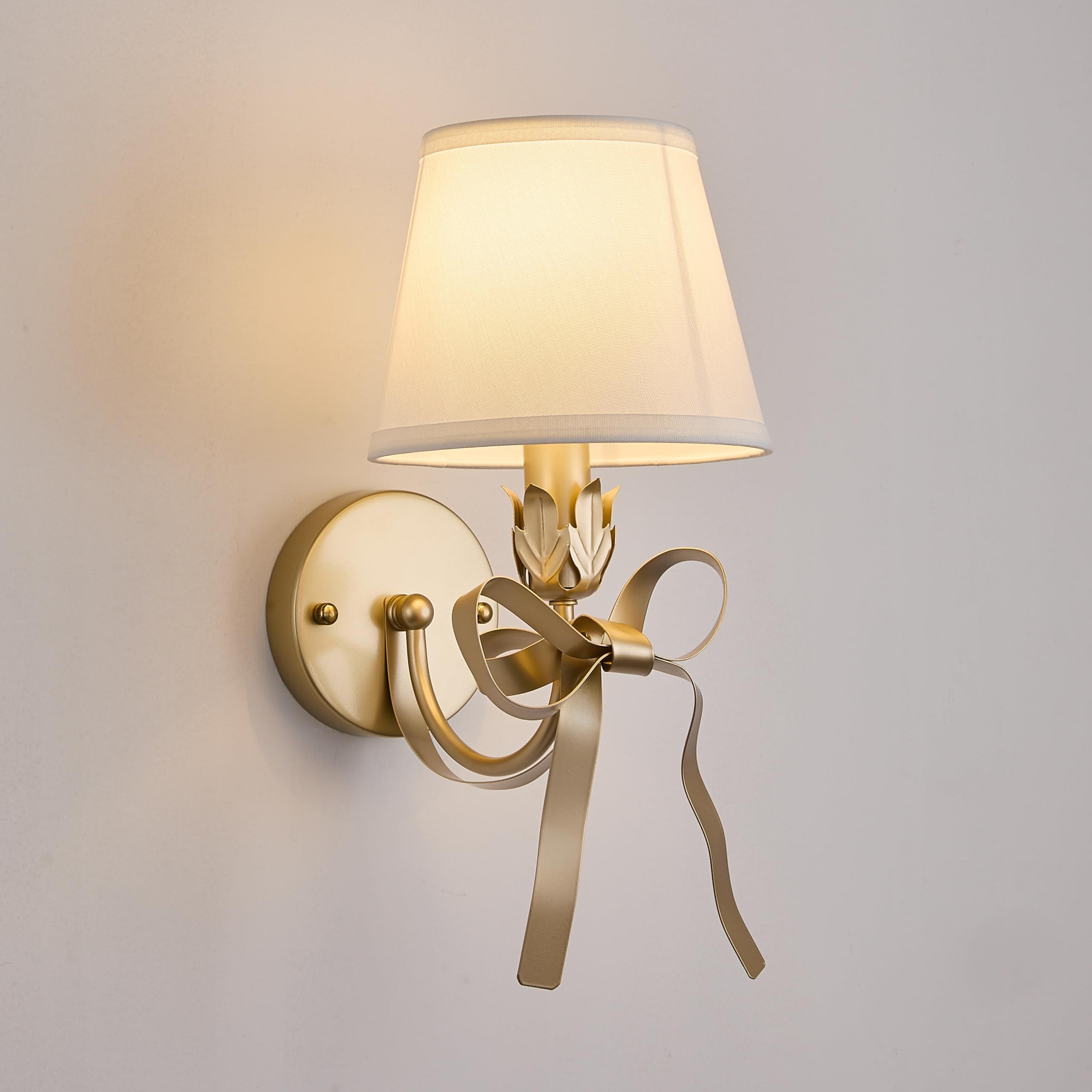 Gold Bow Wall Sconces Set of 2 with White Fabric Shades