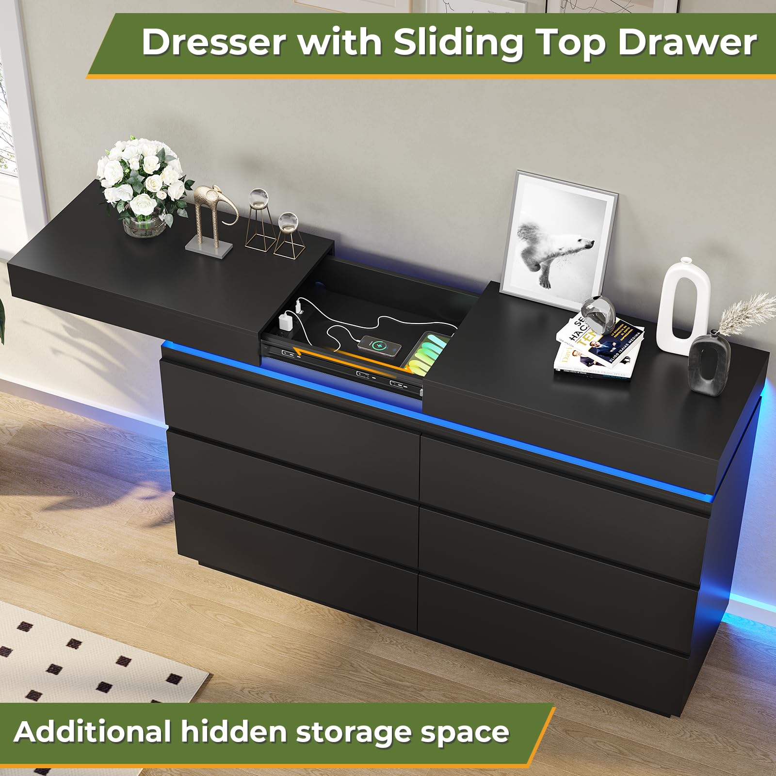 6 Drawer Dresser with Sliding Desktop and Charging Station