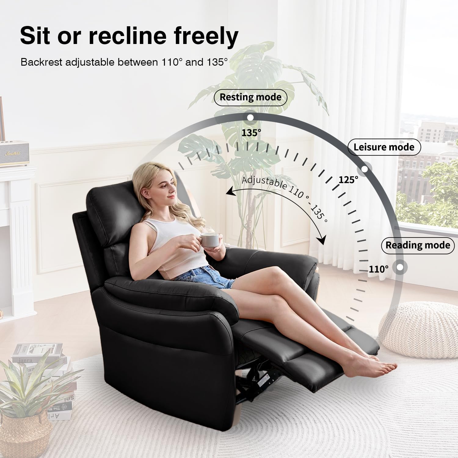 AIRSKY Genuine Leather Recliner Chair, Top Grain Leather, Italian Water-Washing Process, Reclining Sofa Chair for Reading, Single Sofas for Living Room, Theater Seating, Bedroom. Black,R1