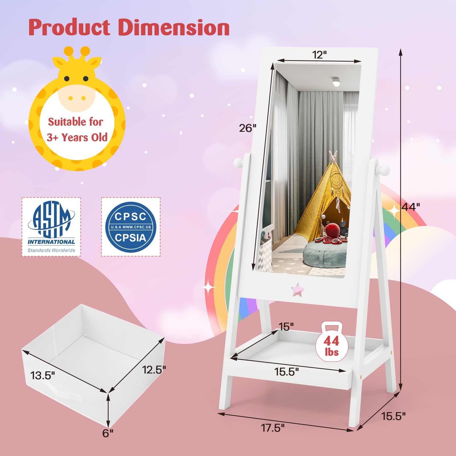 Kids Standing Mirror with Storage