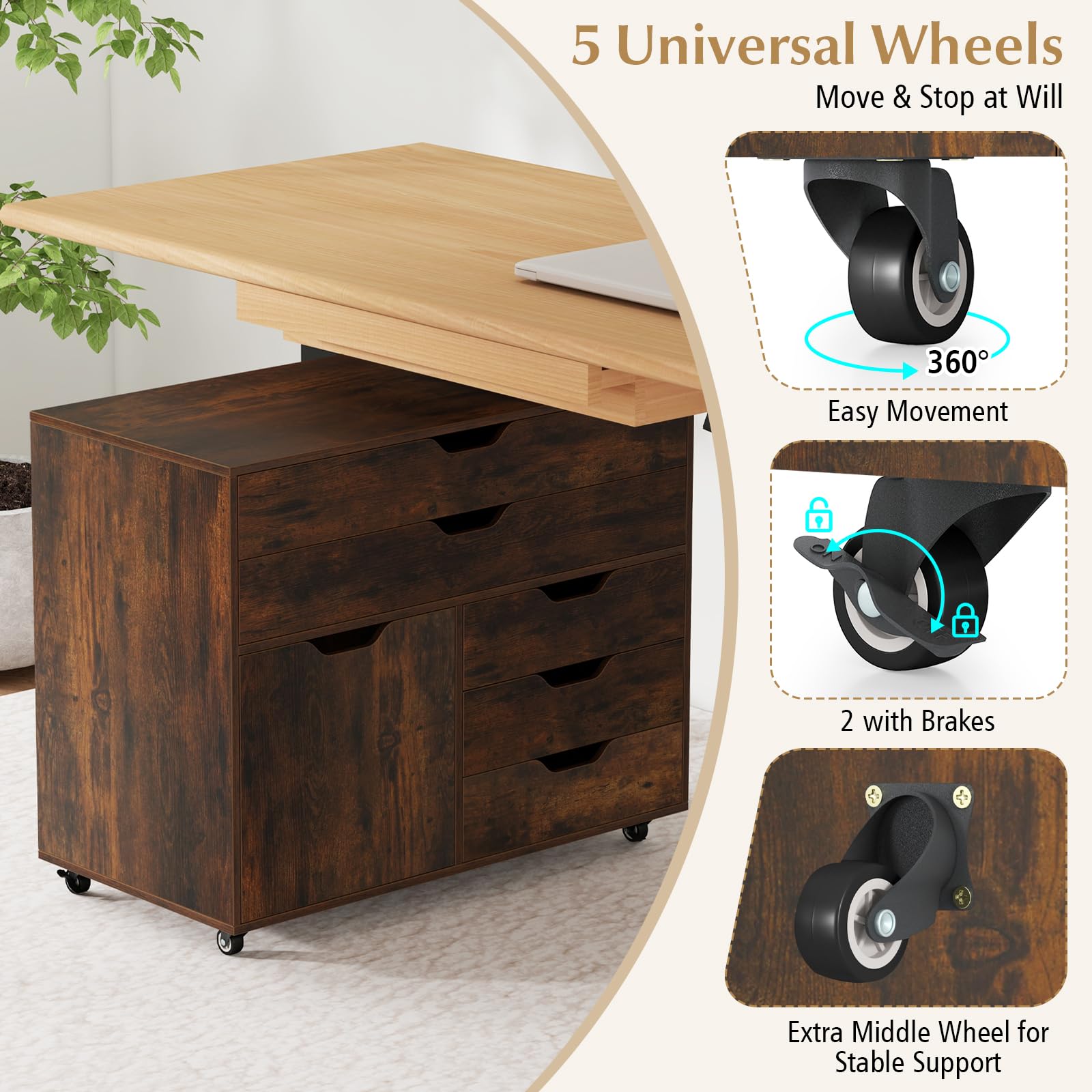 5-Drawer Mobile File Cabinet with Wheels