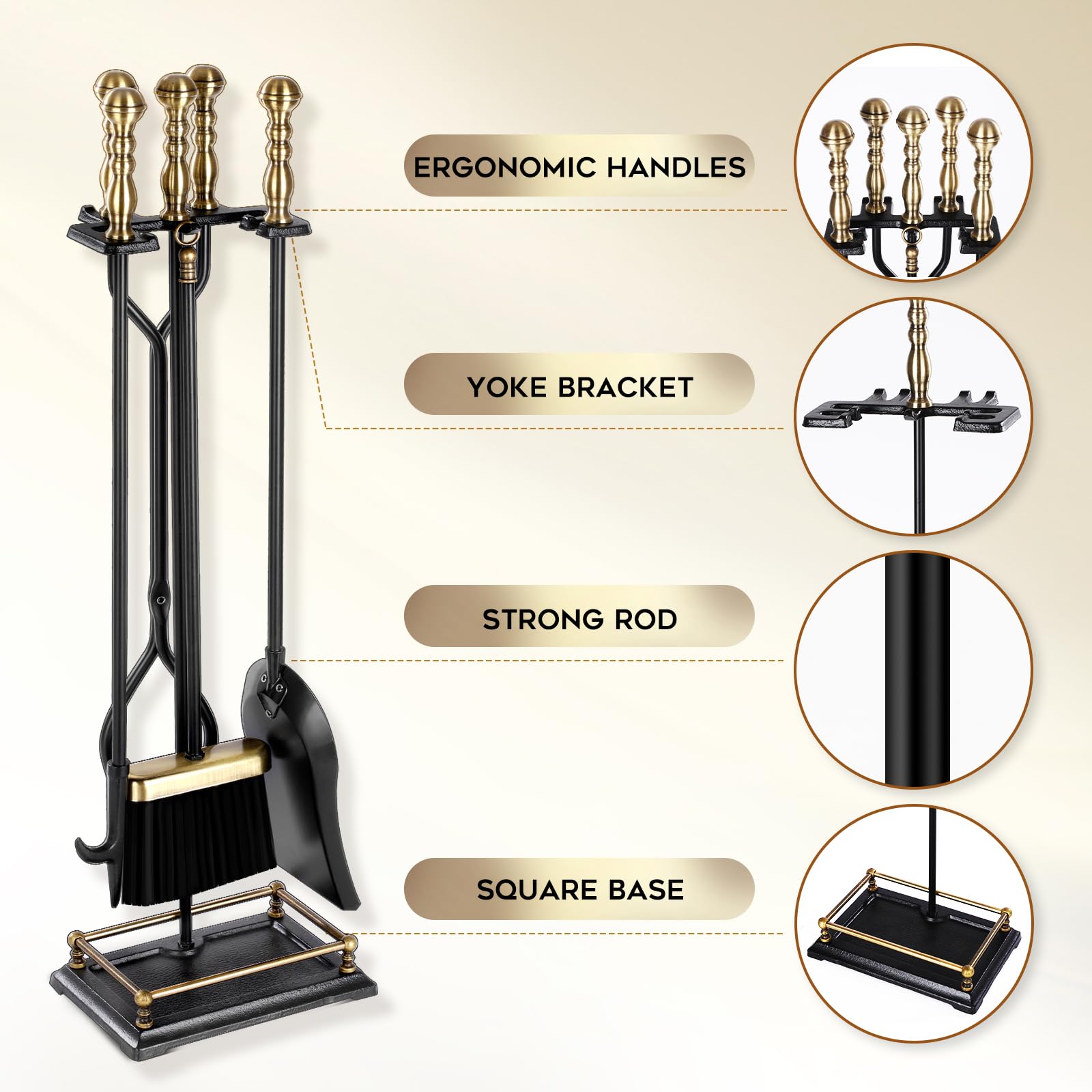 5-Piece Fireplace Tool Set with Brass Handles