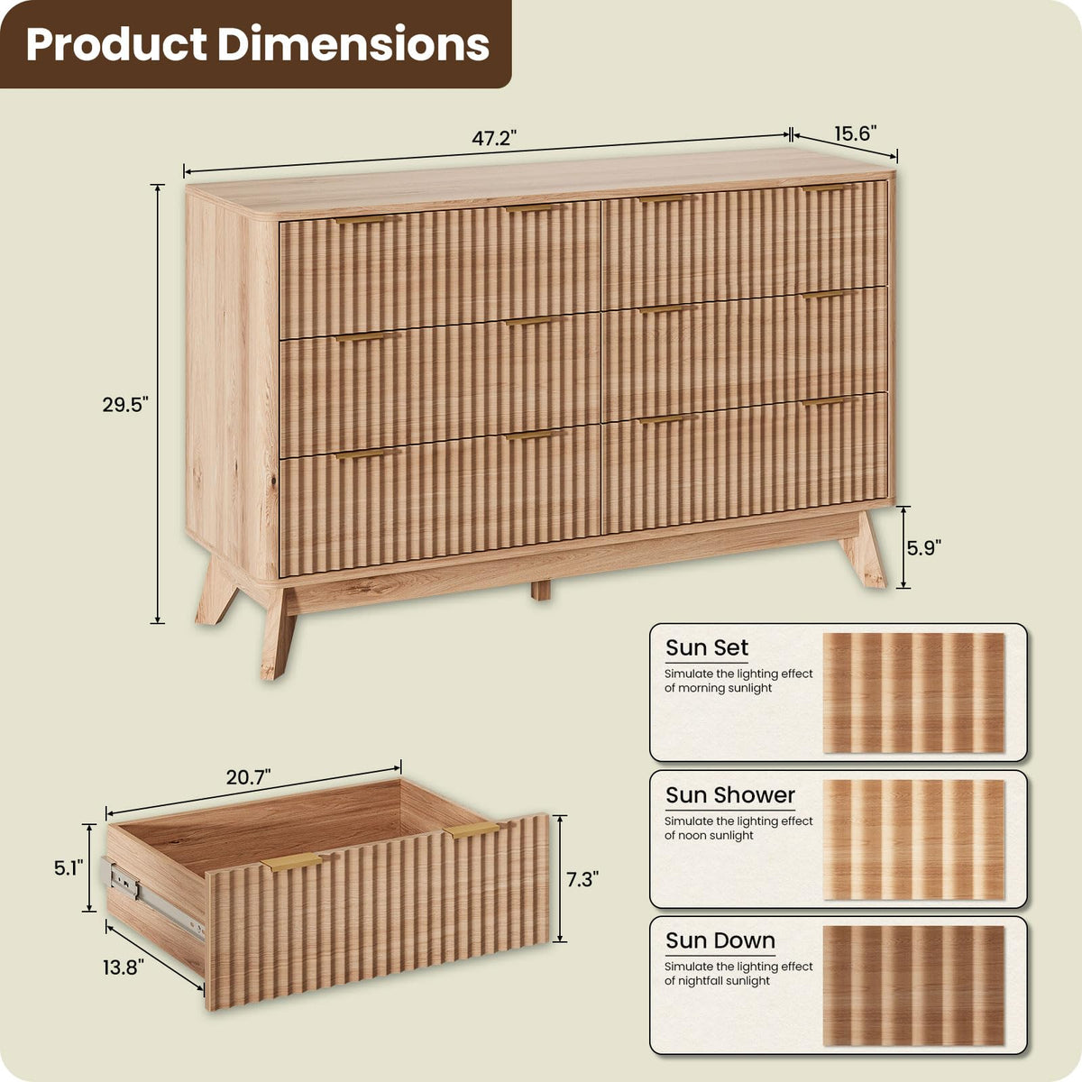 47 Inch Wide 6 Drawer Dresser with Fluted Design