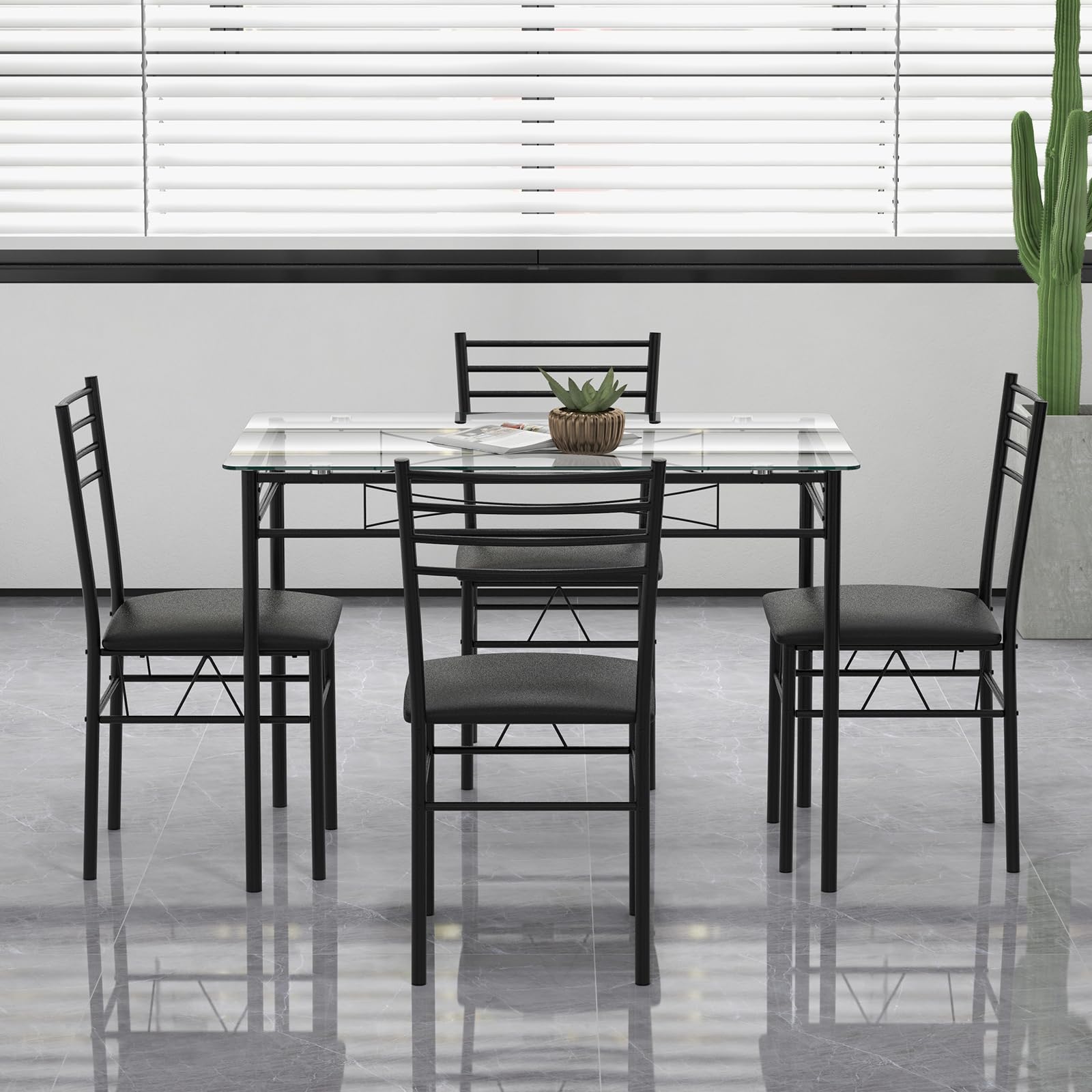 5 Piece Dining Table Set with Tempered Glass Top