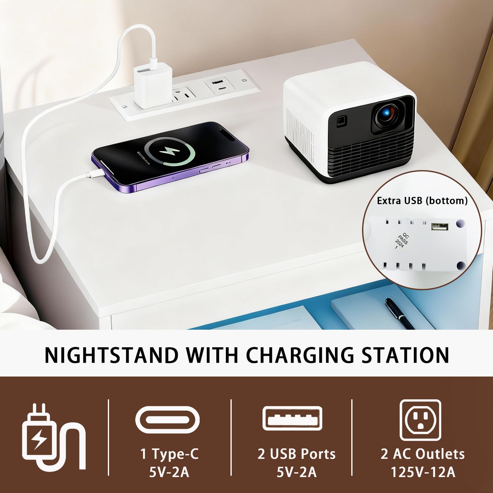 LED Nightstand with Charging Station