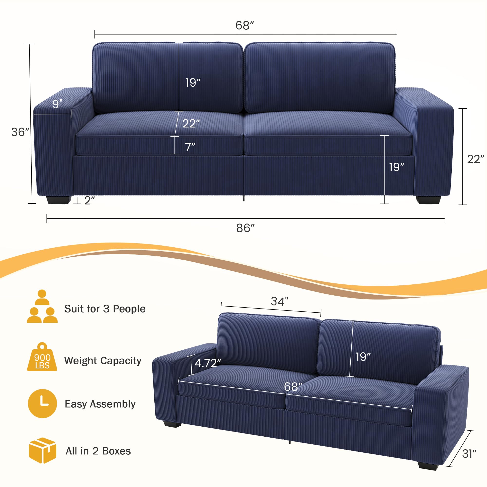 86" Blue Corduroy Sofa with Deep Seats