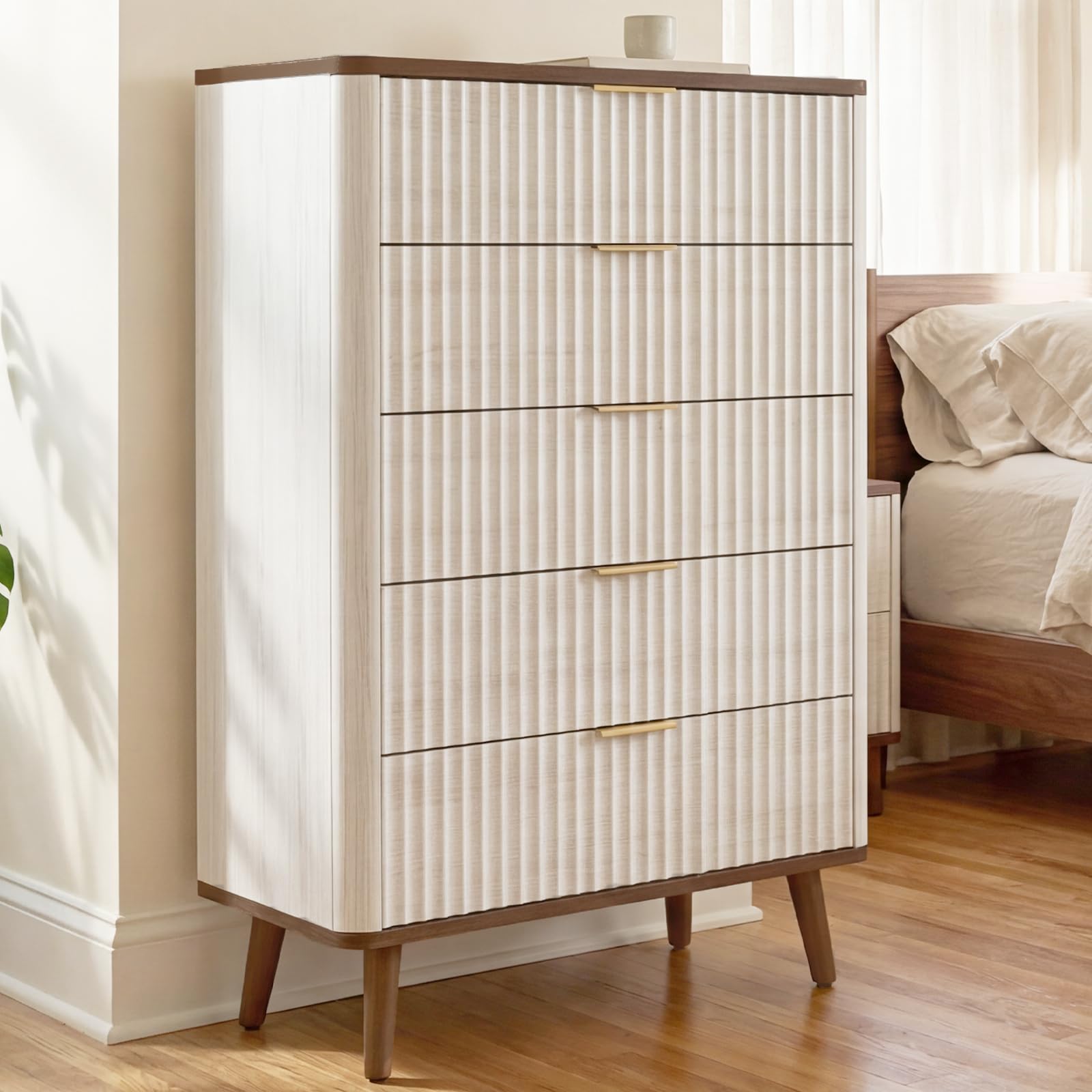 Fluted Wood 5 Drawer Dresser Tall Chest