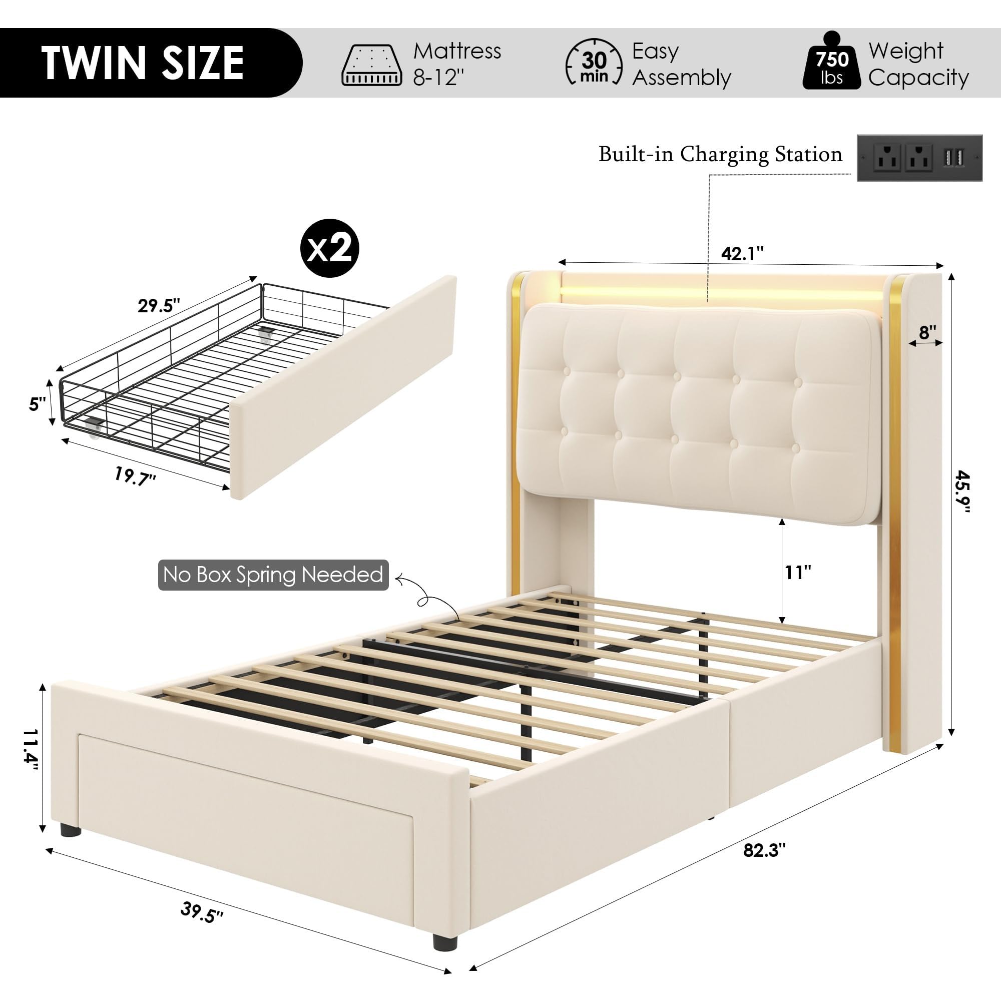 Upholstered LED Twin Bed Frame with Storage and Charging Station