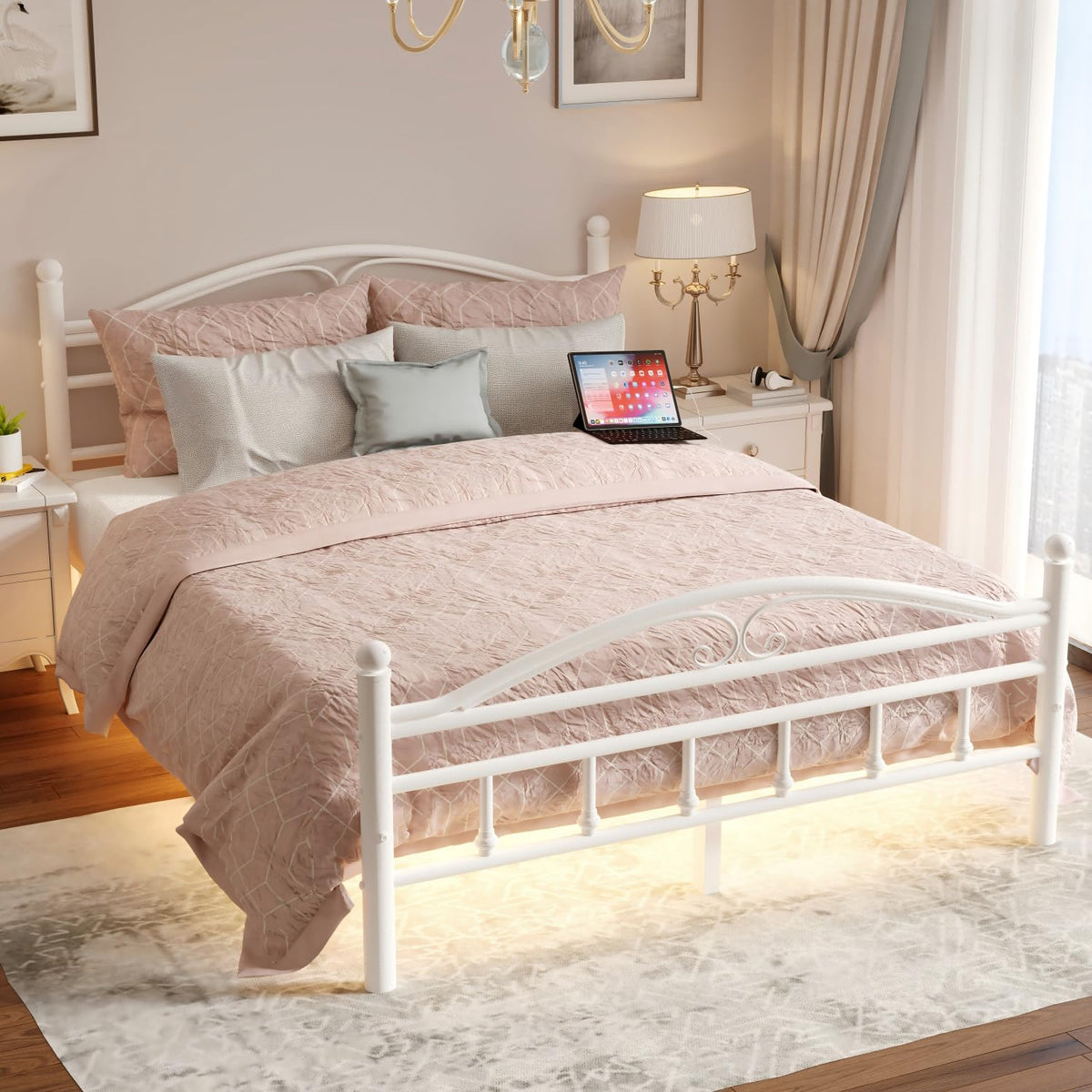 12 Inch Full Size Bed Frame with Charging Station and LED Lights