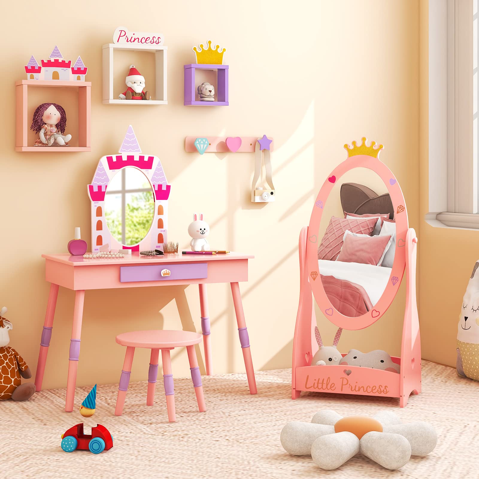 Kids Princess Floor Mirror with Storage Shelf