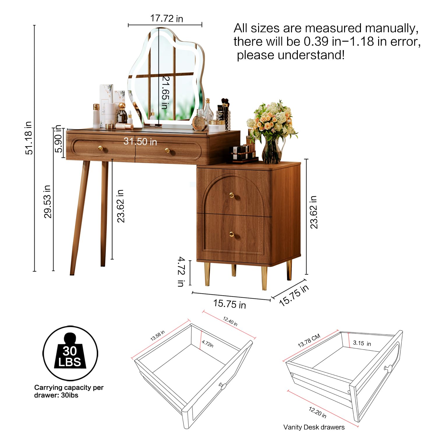 Corner Makeup Vanity Table with Lighted Mirror and 4 Drawers