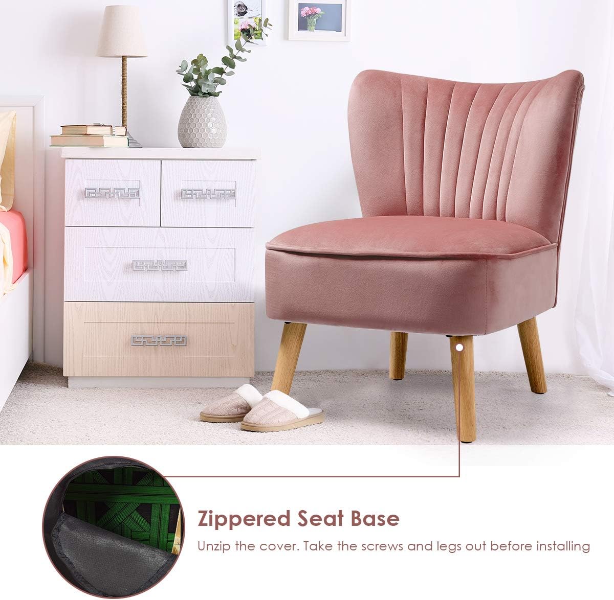 Pink Velvet Accent Chair with Wood Legs