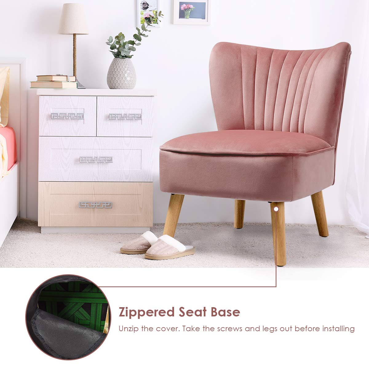 Pink Velvet Accent Chair with Wood Legs