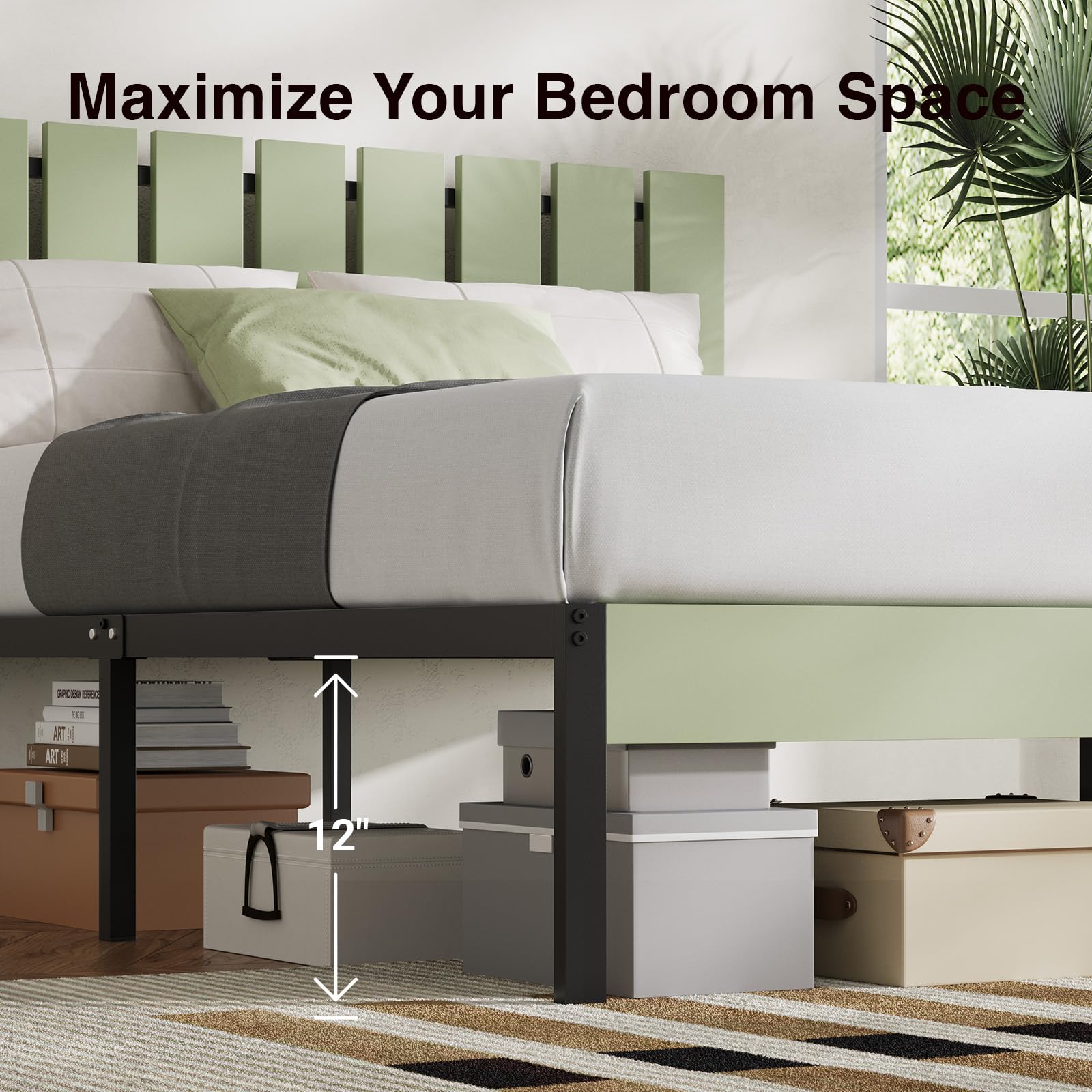 Full Size Bed Frame with Wooden Slatted Headboard