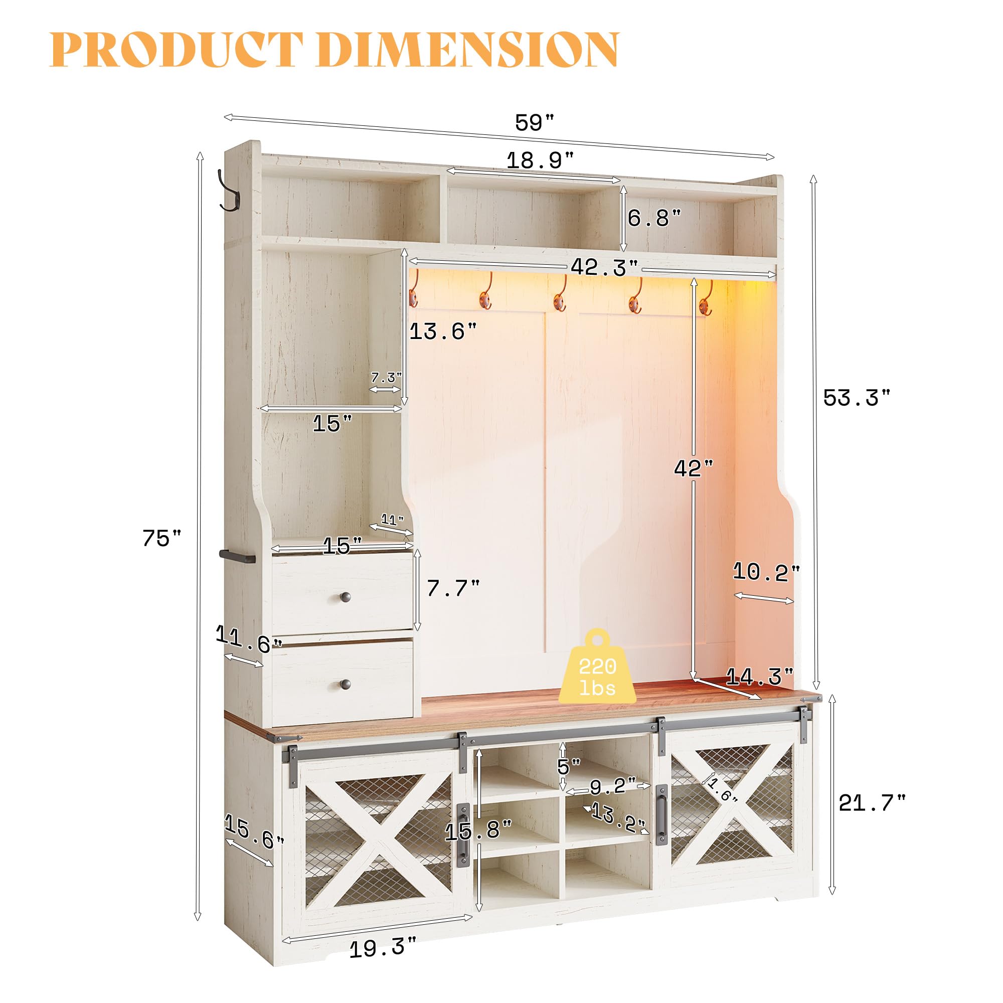 7-in-1 Farmhouse Hall Tree with LED Lighting