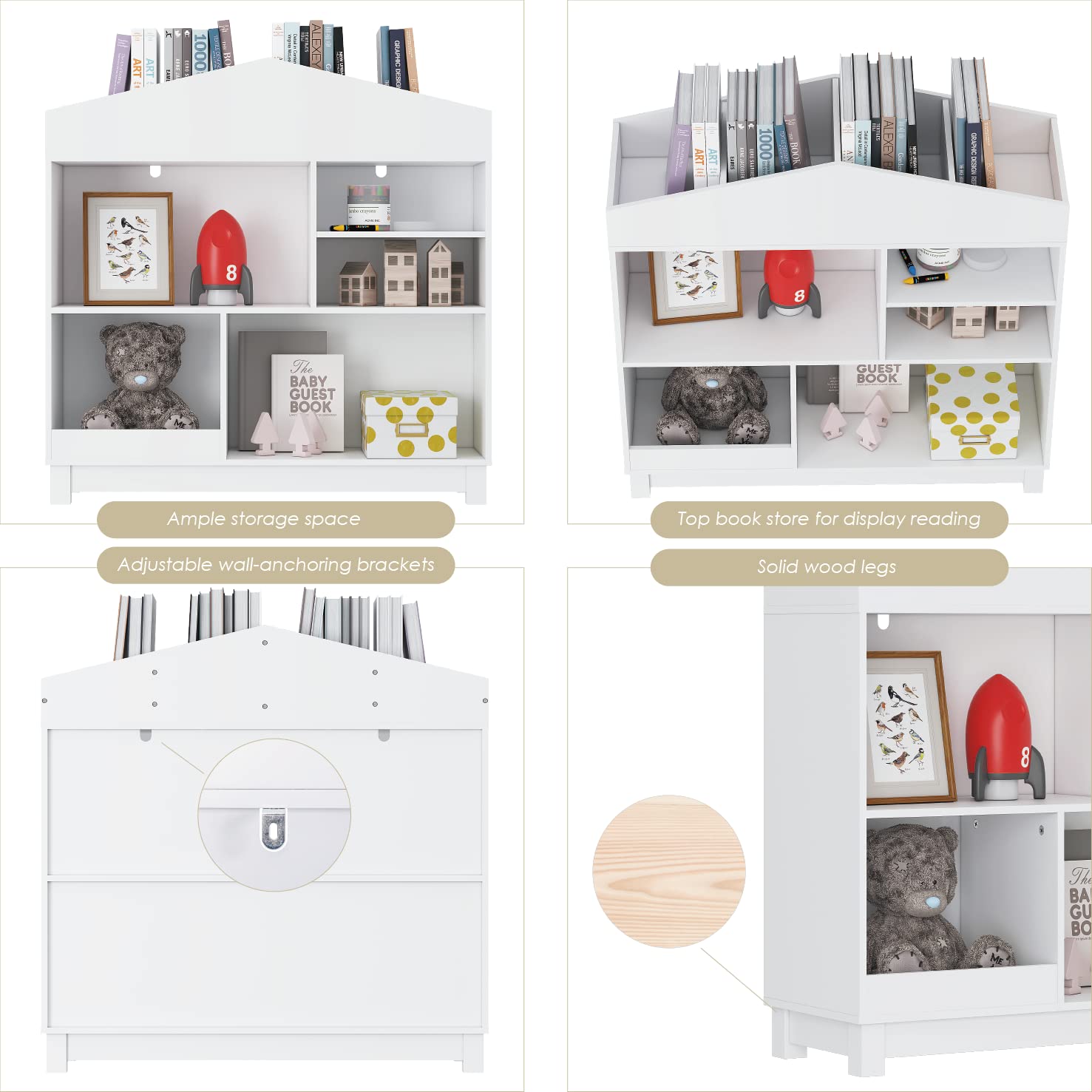 UTEX Kids Bookshelf, Wooden Childrens Bookcases and Toy Storage, Doll House Book Shelves Nursery Book Rack for Classroom Bedroom, White