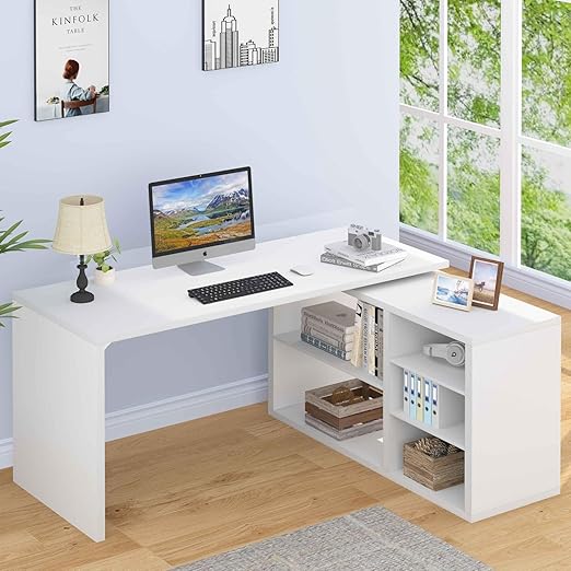L-Shaped Corner Desk with Storage Shelves