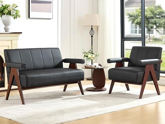 Black Leather Loveseat Sofa and Accent Chairs Set - 3 Pieces
