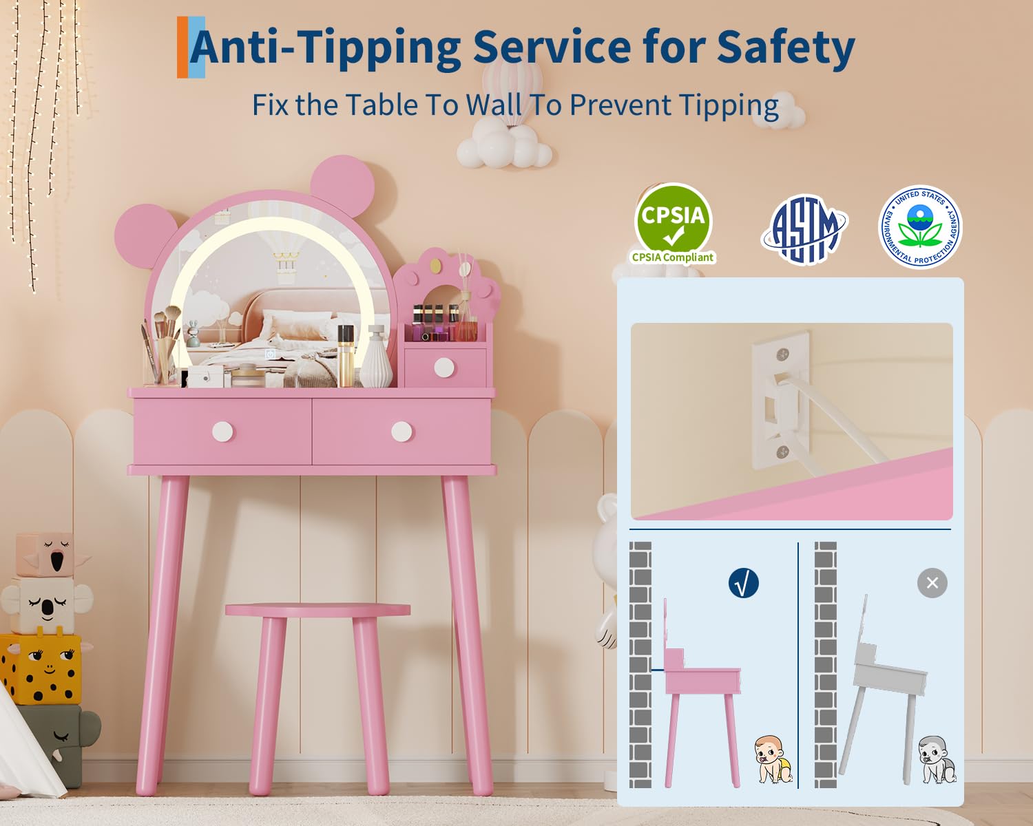 Bear-Shaped Toddler Vanity Set with LED Mirror