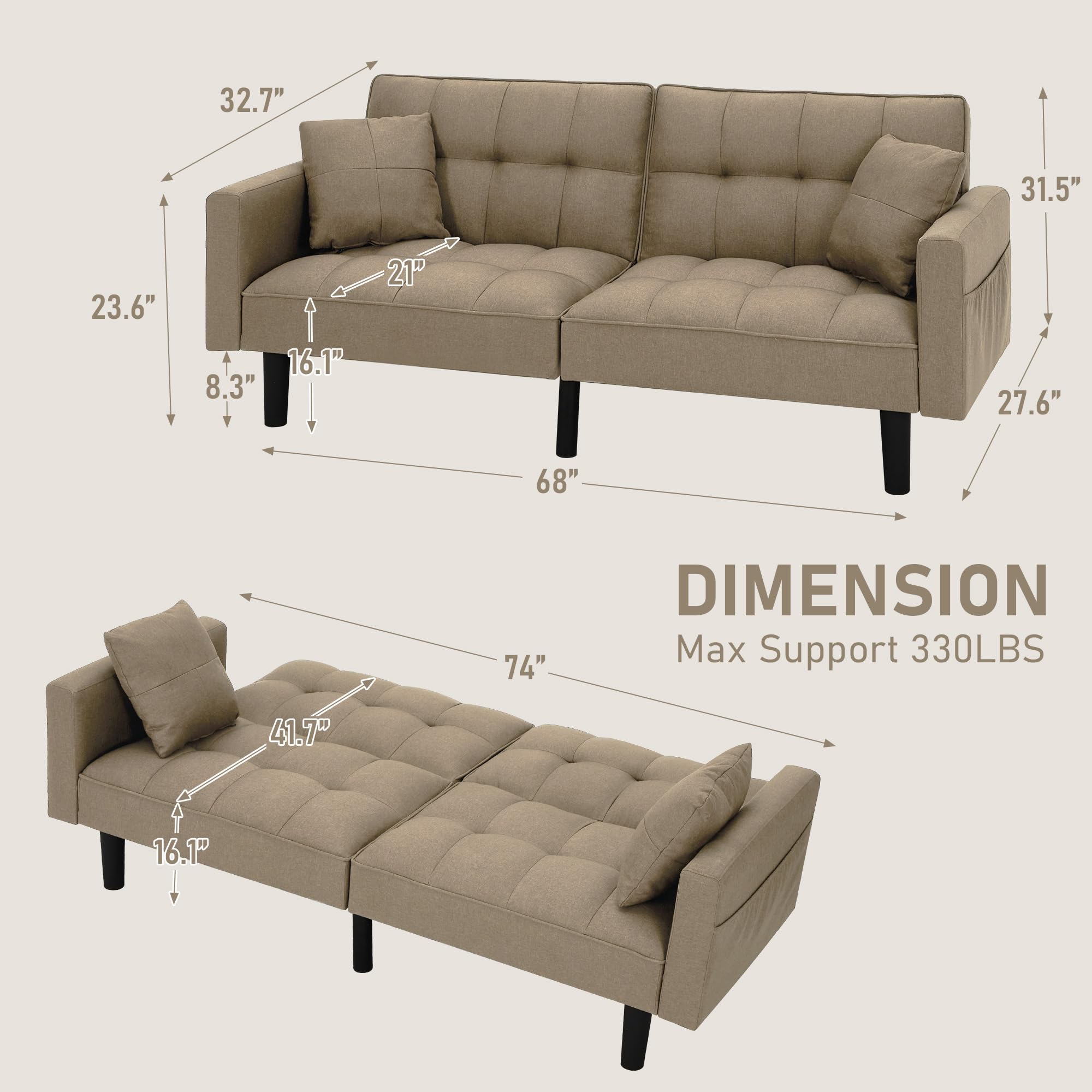 Convertible Futon Sofa Bed with Adjustable Back