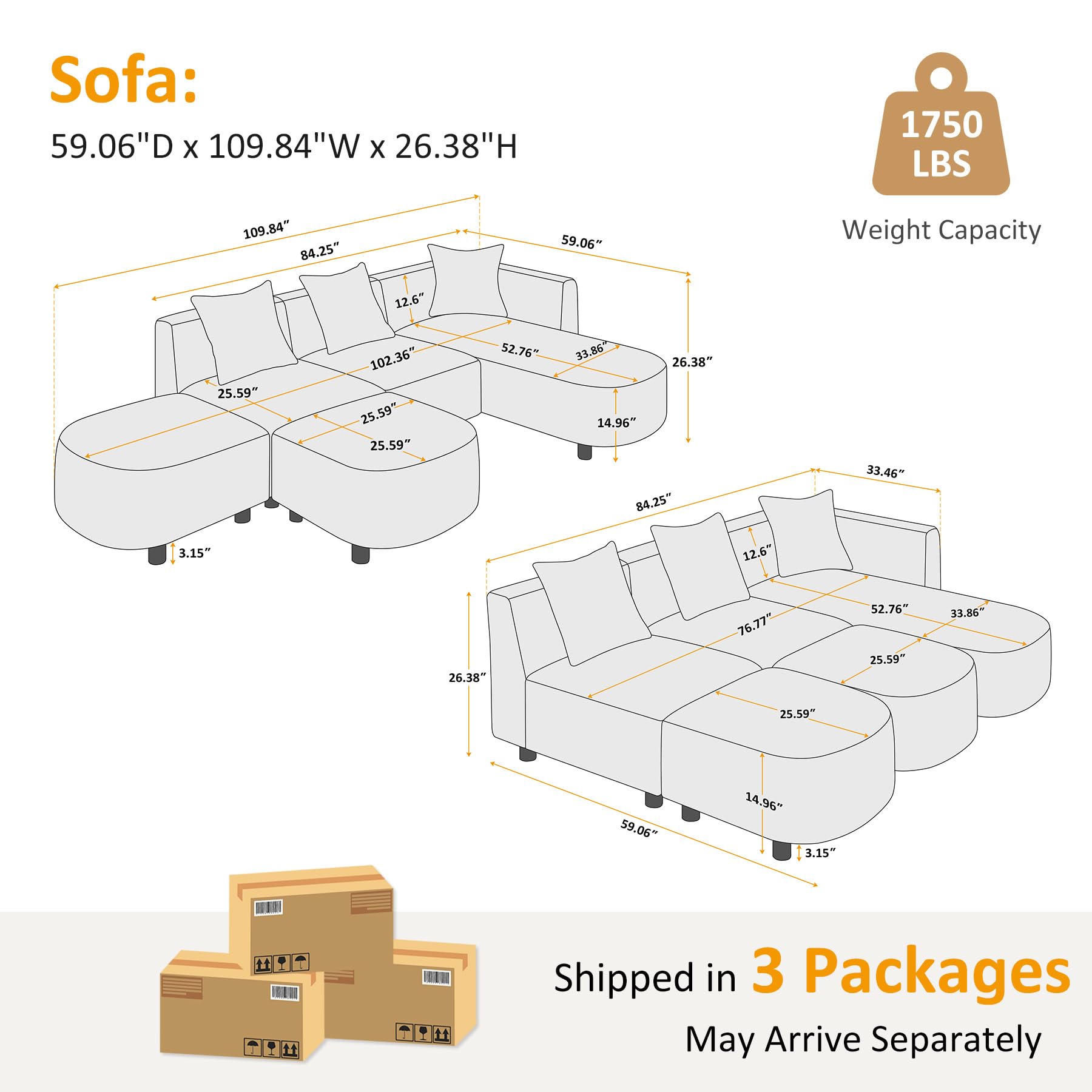 109.84" Modular Sectional Sofa with Ottoman - 5 Seater Boucle Cloud Couch