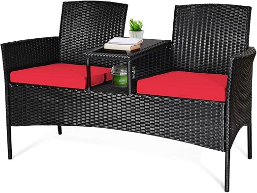 Outdoor Rattan Loveseat Conversation Set with Cushions & Coffee Table