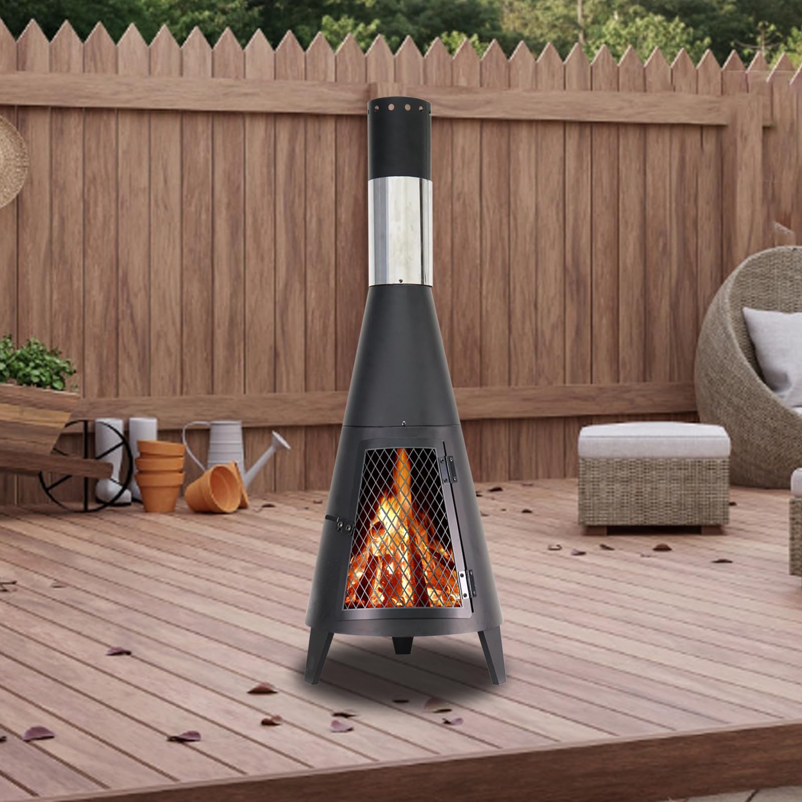 Chiminea Outdoor Wood Burning Fireplace with Log Grate and Mesh Screen