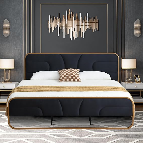 Full Size Velvet Upholstered Platform Bed with Rounded Metal Frame