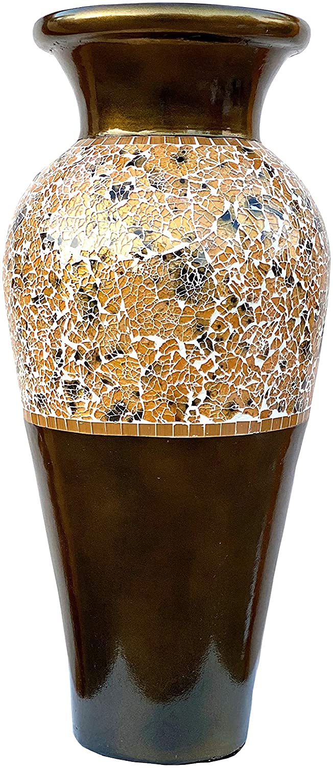 18 Inch Mosaic Floor Vase - Brass Cylinder with Dandelion Glass Design