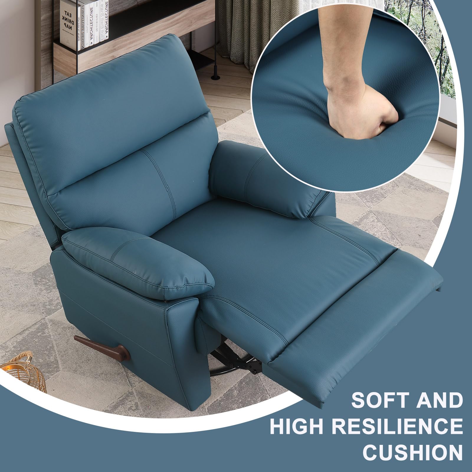 poplarbox Manual Recliner Chair with Lever Handle, 360° Swivel Elderly Rocker Recliner Chairs, Single Seat upholstered Recliner Sofa Chair for Living Room, Apartment (Blue)