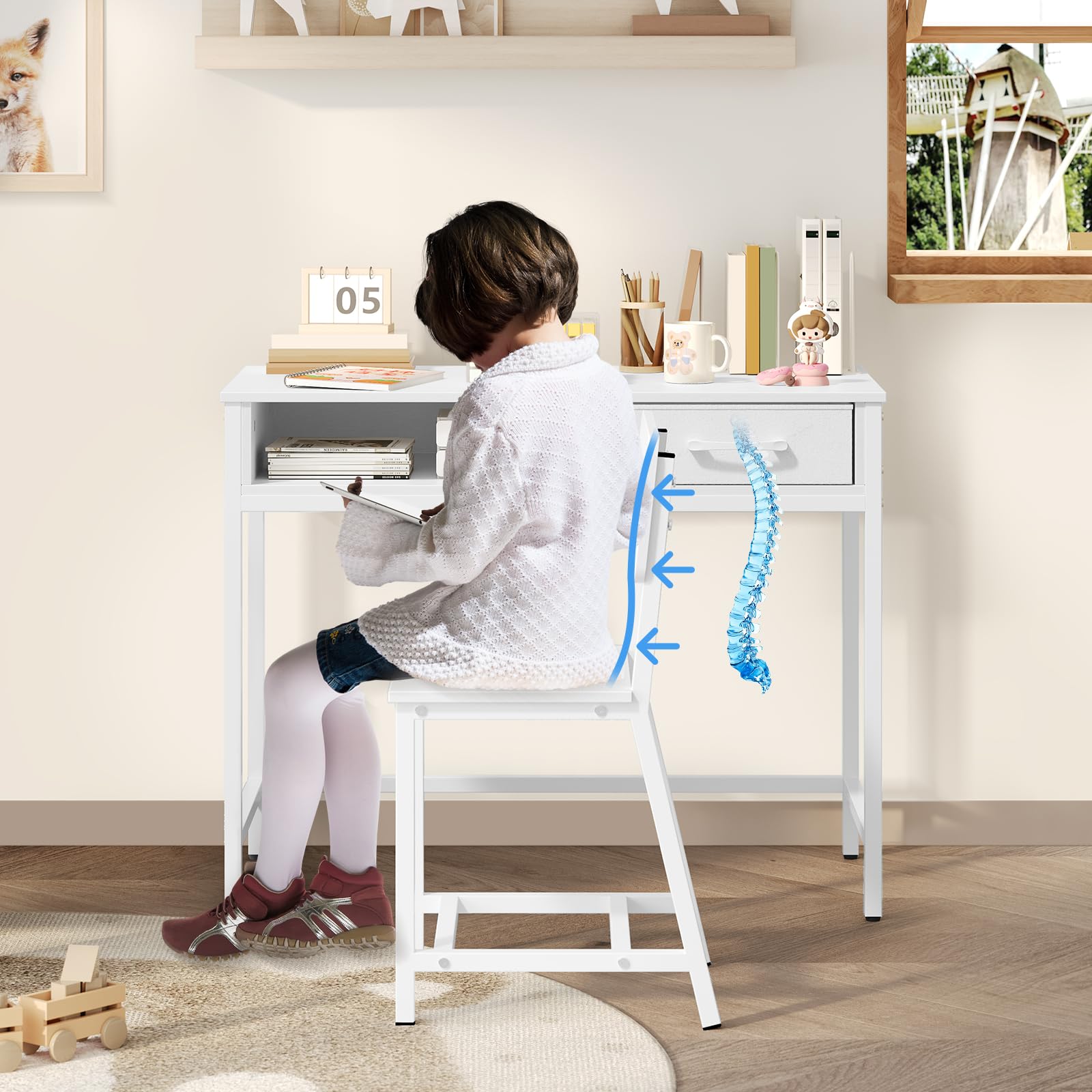 Kids Desk and Chair Set with Book Sorter and Fabric Drawer