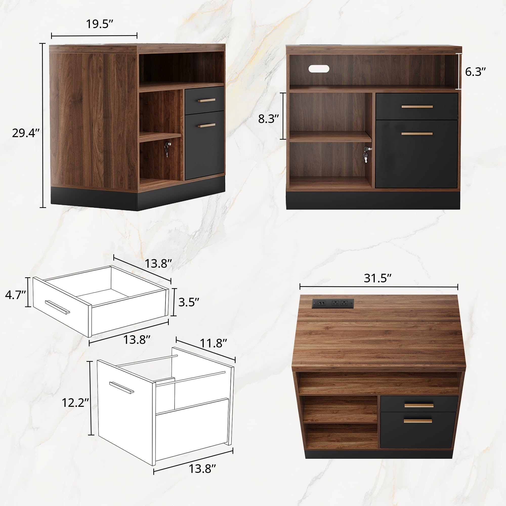 2 Drawer Wood File Cabinet with Lock and Power Strip