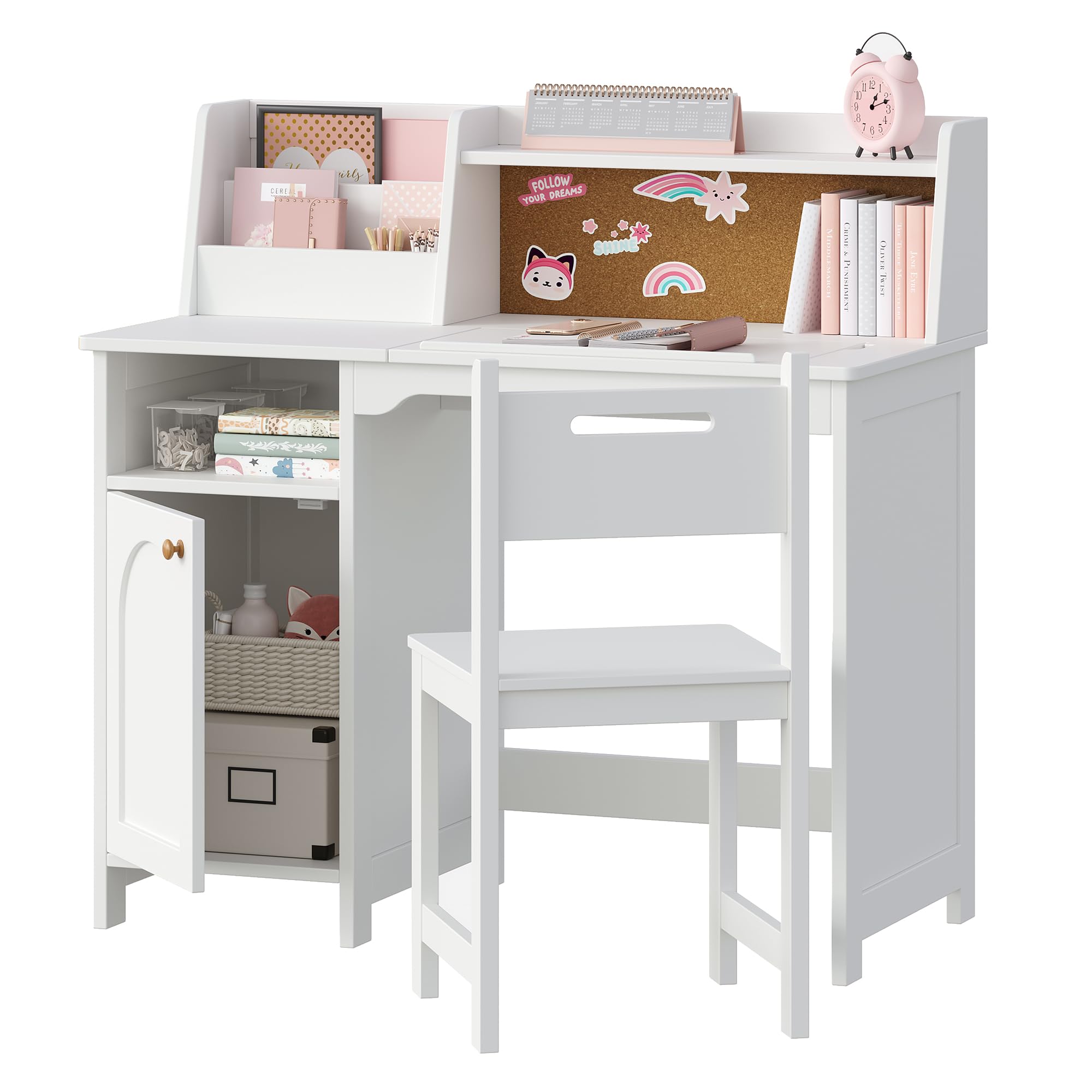 Kids Study Desk and Chair Set with Hutch and Tiltable Desktop