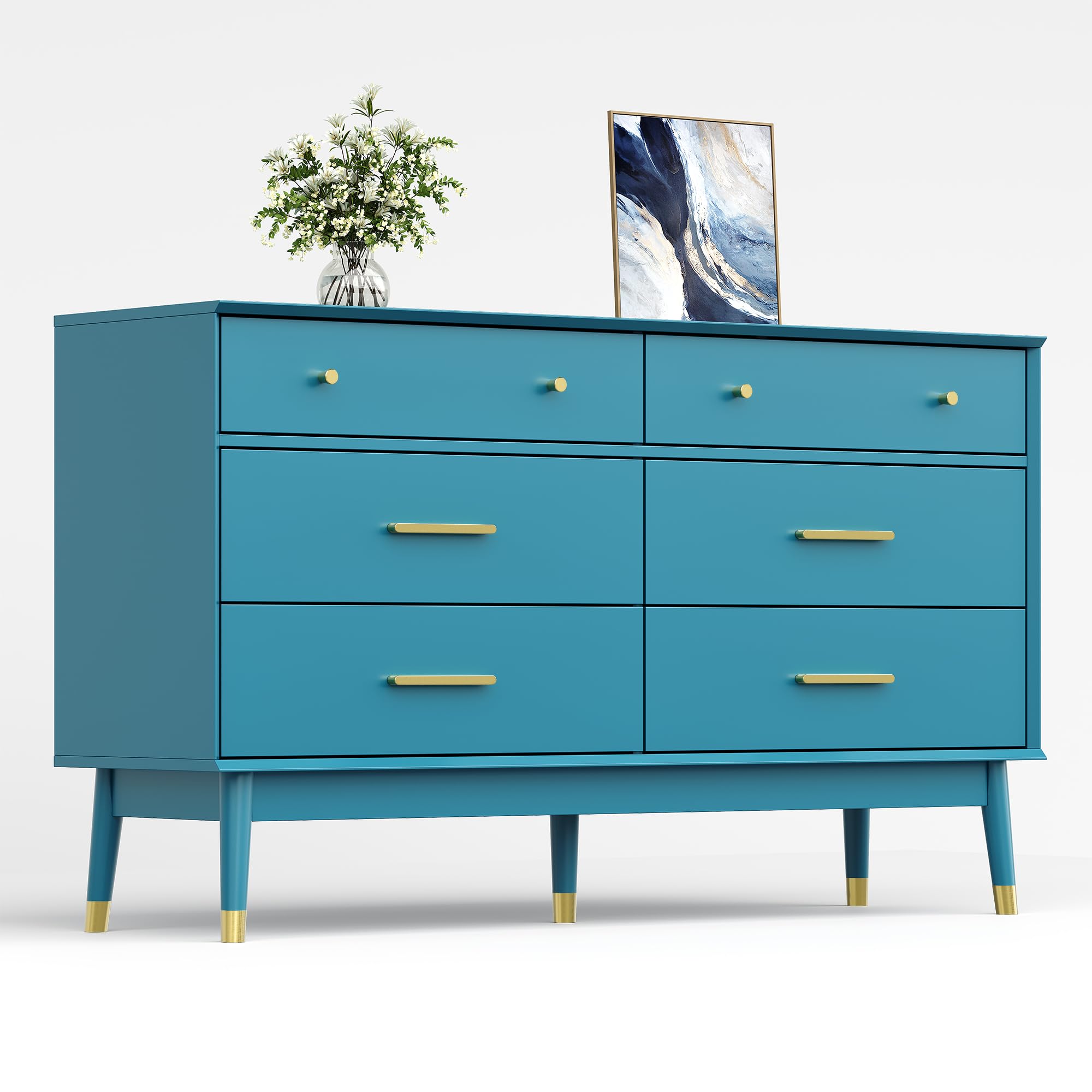 Teal Blue 6 Drawer Dresser with Gold Handles