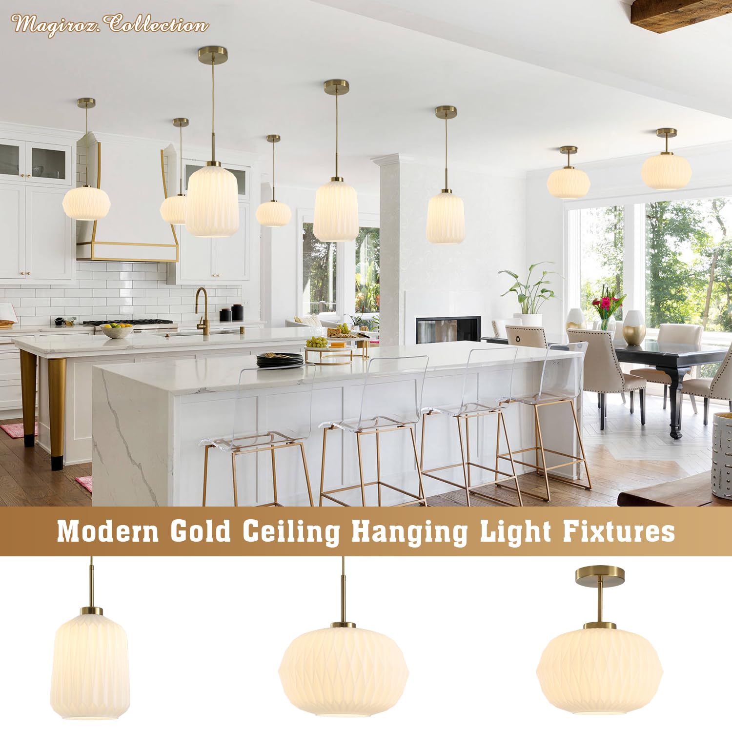 12-Inch Gold Pendant Light with Ribbed Glass Globe