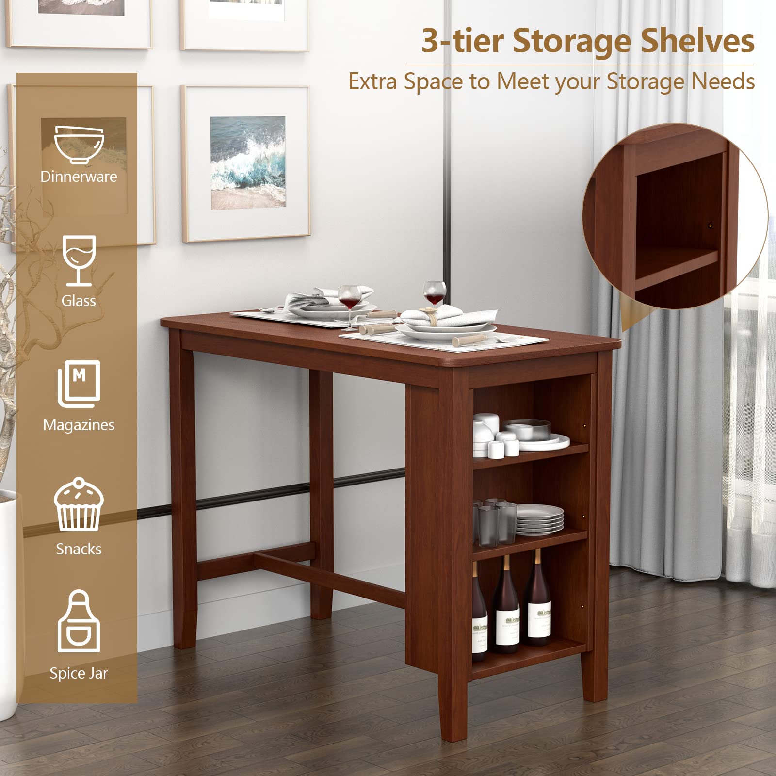 Counter Height Bar Table with 3-Tier Storage Shelves