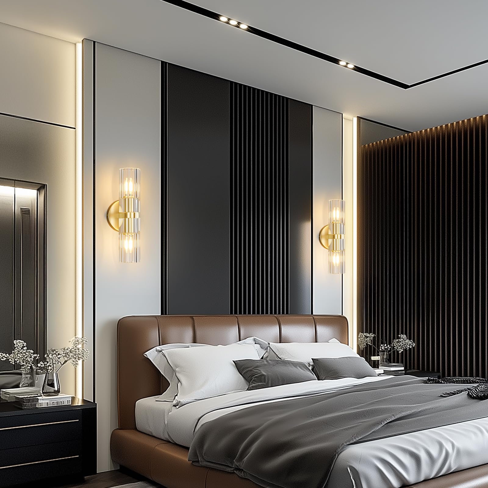 Modern Gold Crystal Wall Sconces Set of Two