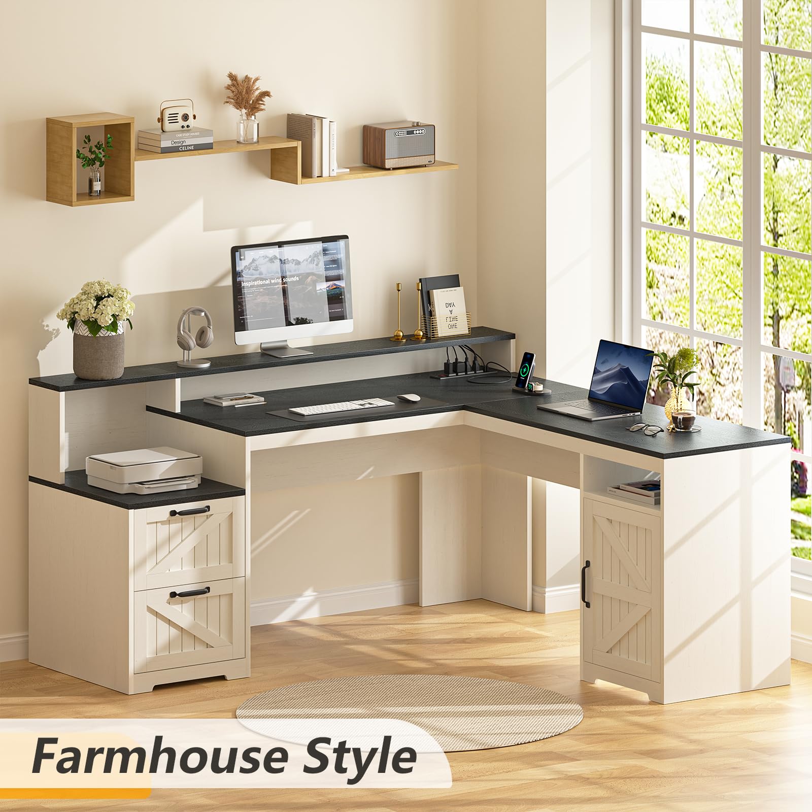 63" L-Shaped Executive Desk with Drawers and Storage Shelf