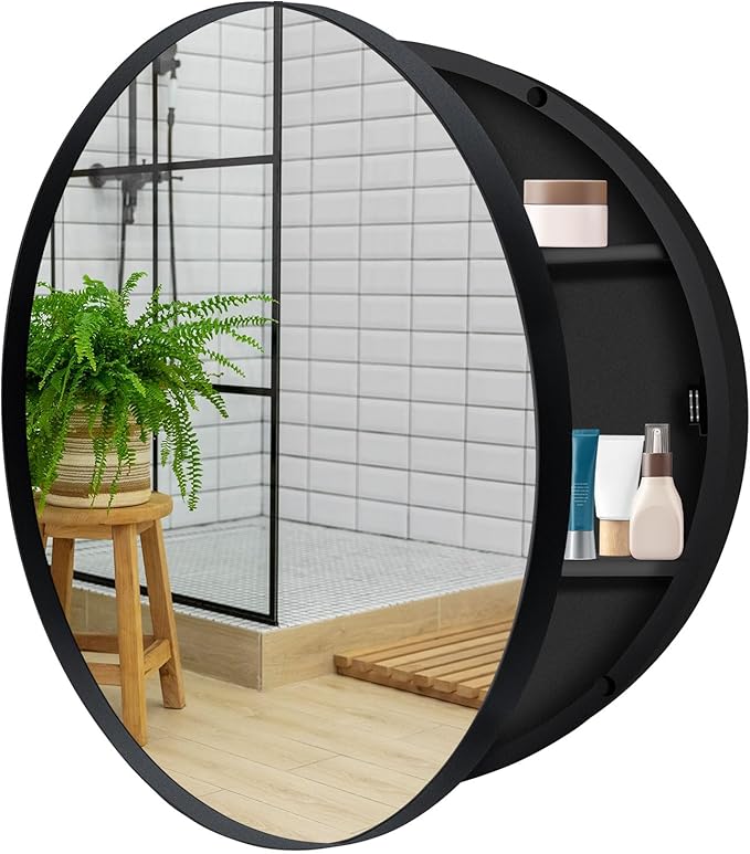 24 Inch Round Medicine Cabinet with Mirror - Black Metal Frame