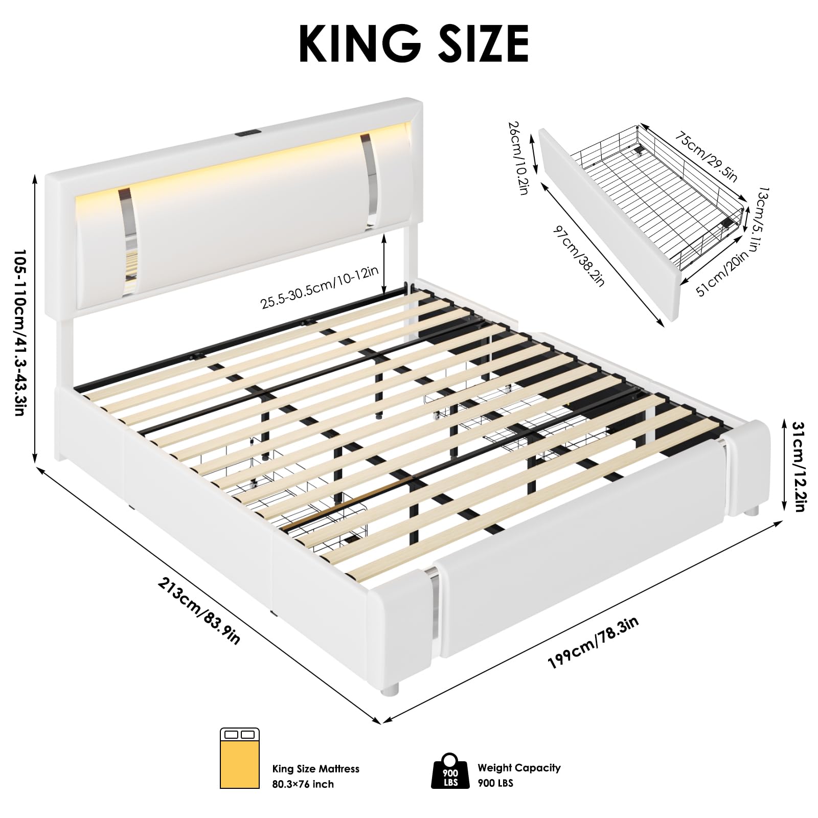 King Size LED Platform Bed Frame with Storage Drawers