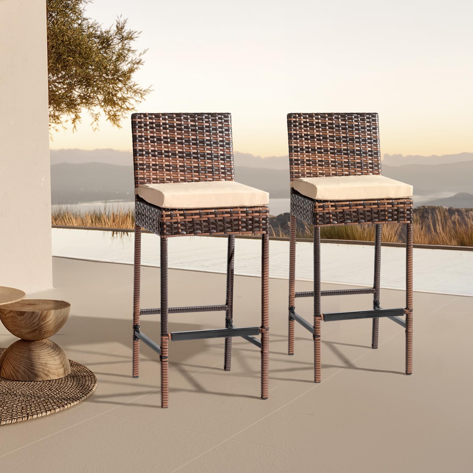 Outdoor Wicker Bar Stool Set of 2 with Cushions